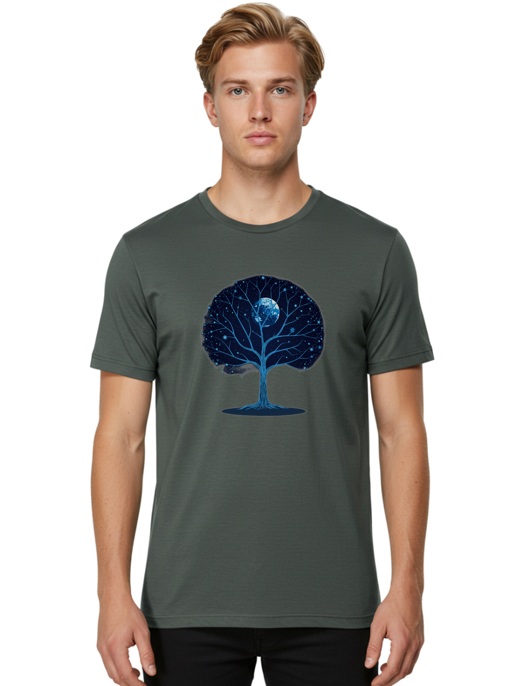 Tree-With-Moon Men'S Graphic Tee, 100% Cotton, Comfortable Casual Summer Wear, Machine Washable, Tree With Bare Branches, Full Moon In The Canopy, Night Sky, Starry Background, Spiritual Symbolism, Mystic Atmosphere, Celestial Body, Bab551