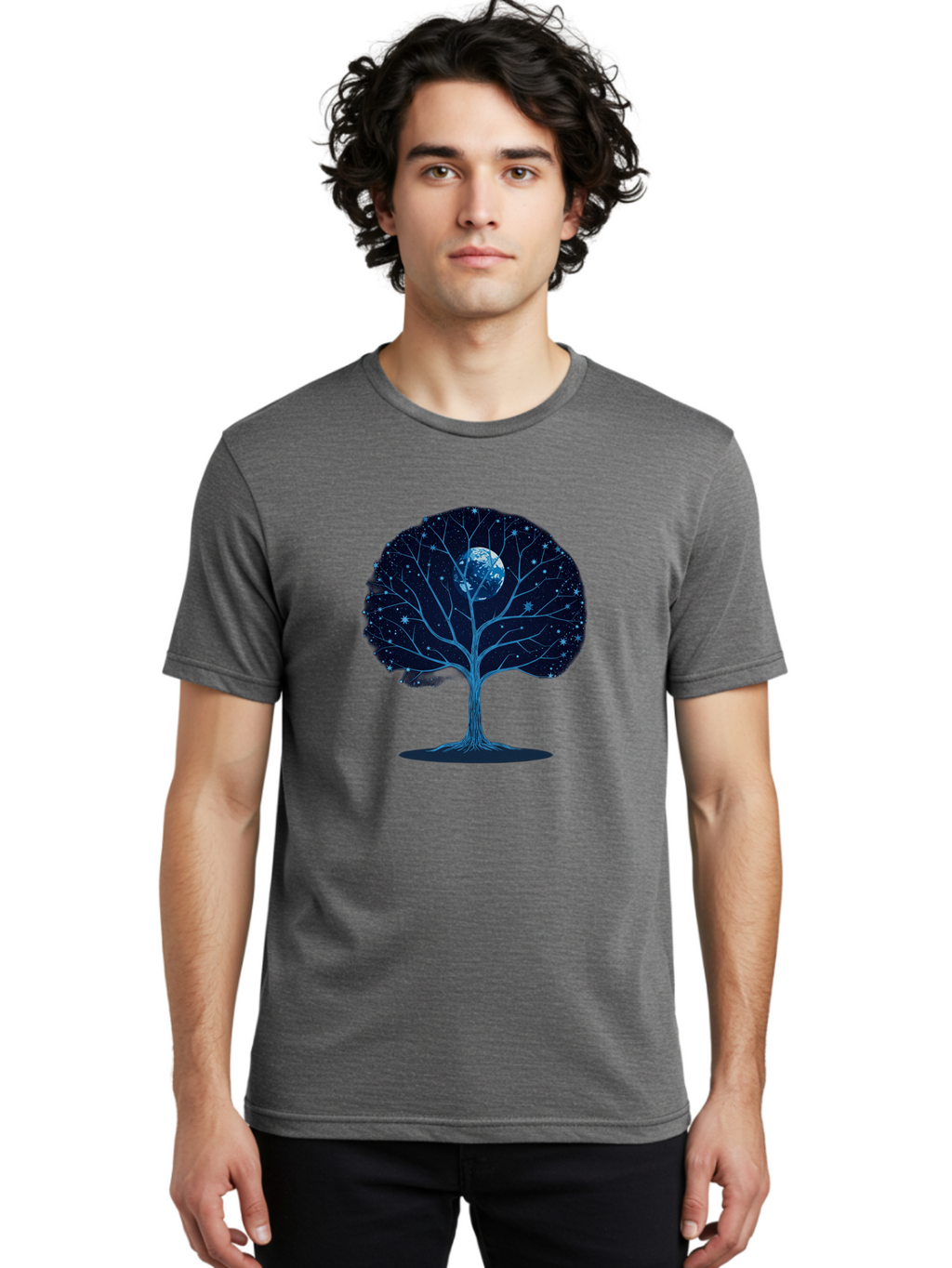 Tree-With-Moon Men'S Graphic Tee, 100% Cotton, Comfortable Casual Summer Wear, Machine Washable, Tree With Bare Branches, Full Moon In The Canopy, Night Sky, Starry Background, Spiritual Symbolism, Mystic Atmosphere, Celestial Body, Bab551