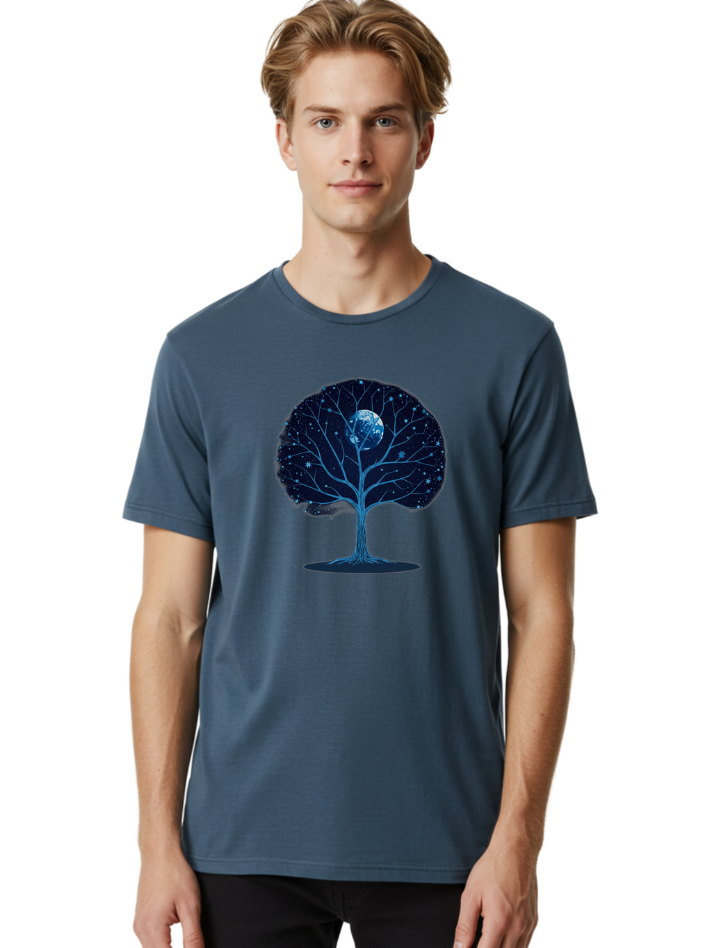 Tree-With-Moon Men'S Graphic Tee, 100% Cotton, Comfortable Casual Summer Wear, Machine Washable, Tree With Bare Branches, Full Moon In The Canopy, Night Sky, Starry Background, Spiritual Symbolism, Mystic Atmosphere, Celestial Body, Bab551
