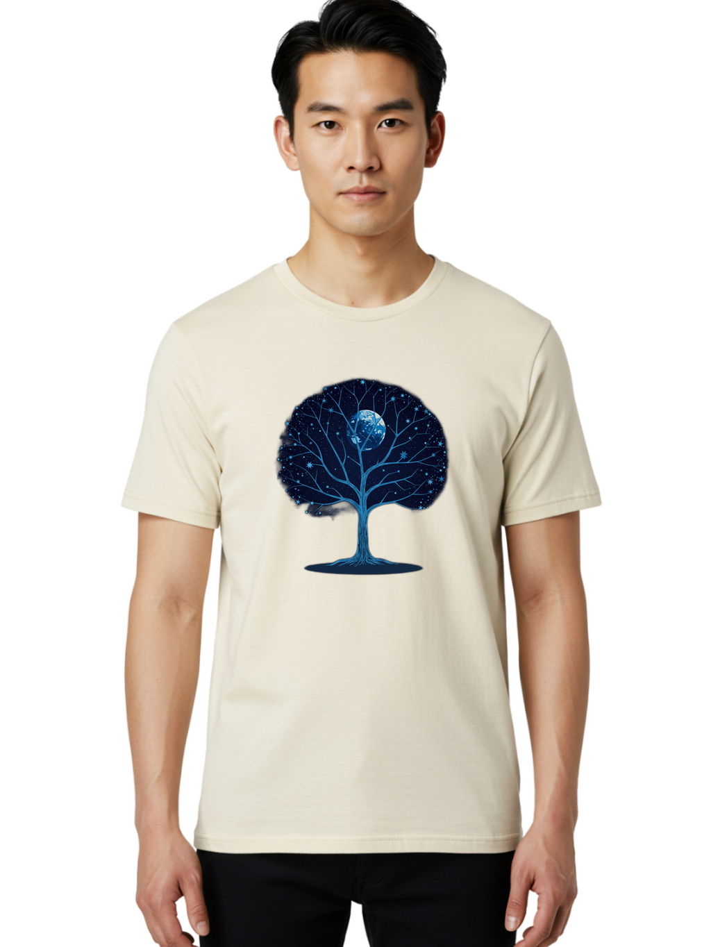 Tree-With-Moon Men'S Graphic Tee, 100% Cotton, Comfortable Casual Summer Wear, Machine Washable, Tree With Bare Branches, Full Moon In The Canopy, Night Sky, Starry Background, Spiritual Symbolism, Mystic Atmosphere, Celestial Body, Bab551