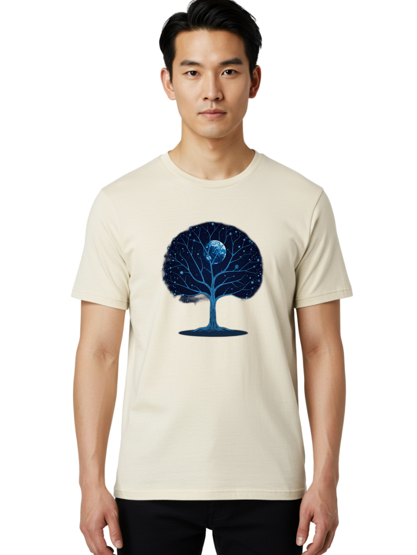 Tree-With-Moon Men'S Graphic Tee, 100% Cotton, Comfortable Casual Summer Wear, Machine Washable, Tree With Bare Branches, Full Moon In The Canopy, Night Sky, Starry Background, Spiritual Symbolism, Mystic Atmosphere, Celestial Body, Bab551