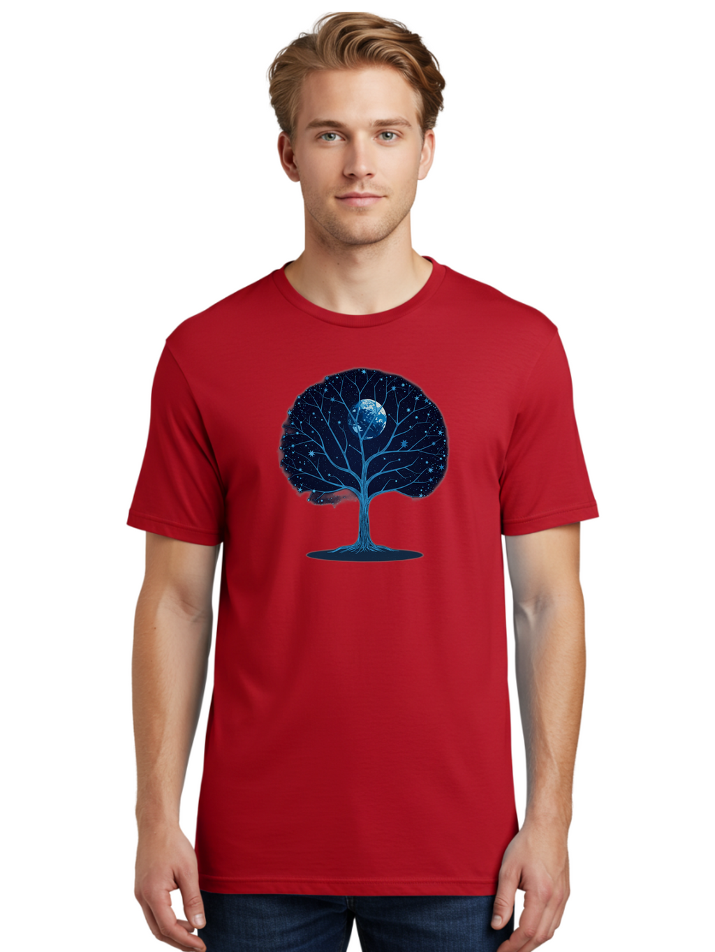 Tree-With-Moon Men'S Graphic Tee, 100% Cotton, Comfortable Casual Summer Wear, Machine Washable, Tree With Bare Branches, Full Moon In The Canopy, Night Sky, Starry Background, Spiritual Symbolism, Mystic Atmosphere, Celestial Body, Bab551