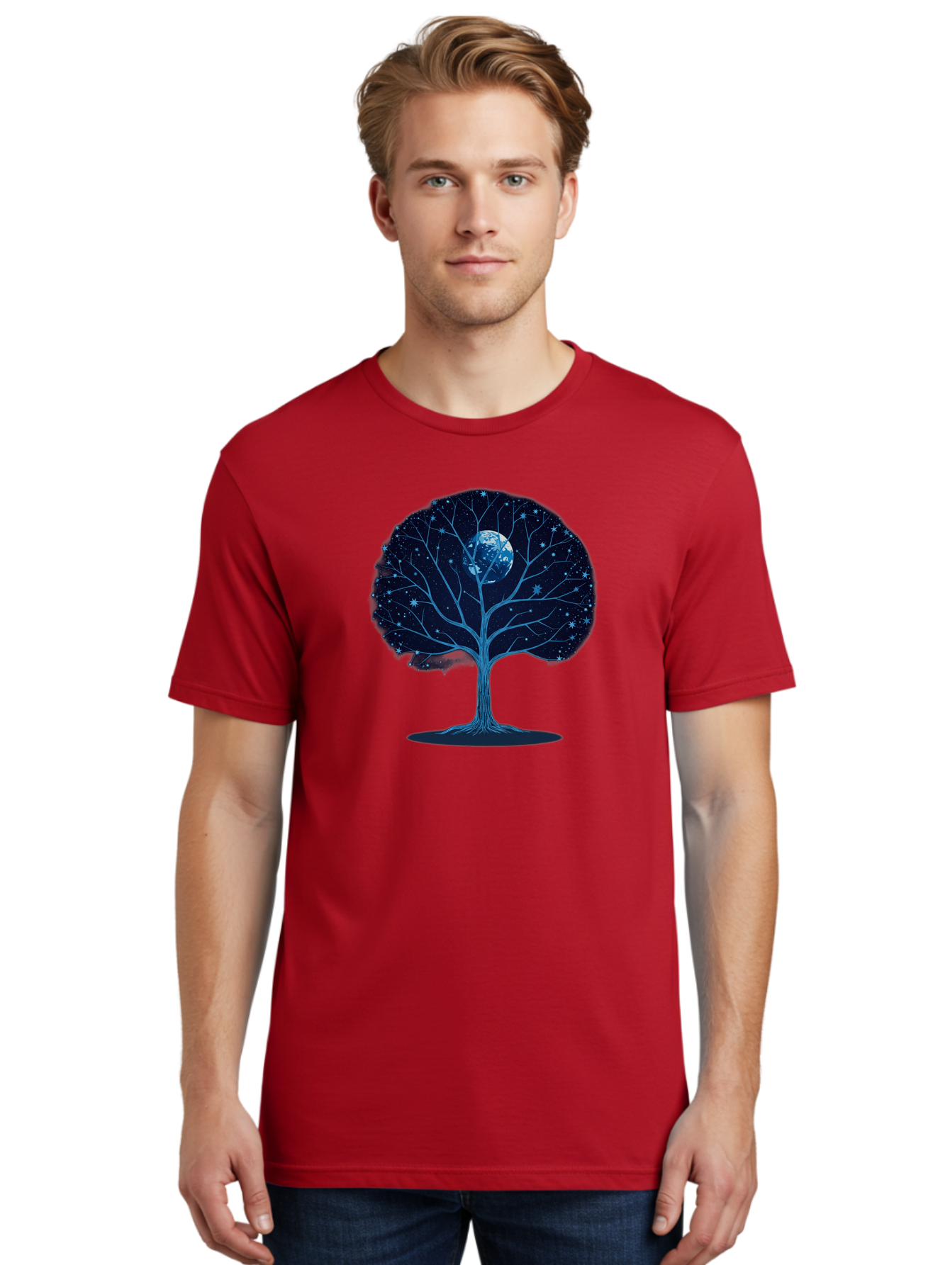 Tree-With-Moon Men'S Graphic Tee, 100% Cotton, Comfortable Casual Summer Wear, Machine Washable, Tree With Bare Branches, Full Moon In The Canopy, Night Sky, Starry Background, Spiritual Symbolism, Mystic Atmosphere, Celestial Body, Bab551