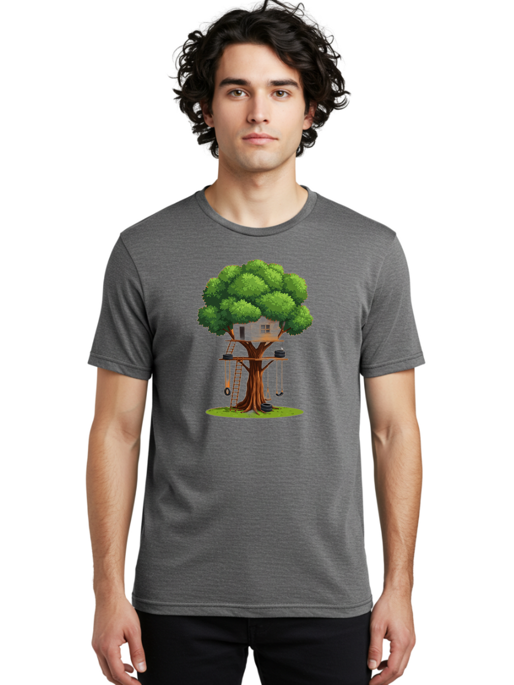 Treehouse Men'S Graphic Tee, 100% Cotton, Comfortable Casual Summer Wear, Machine Washable, Treehouse In The Tree, Wooden Ladder, Rope Swings, Natural Scenery, Outdoor Play, Whimsical Design, Fantasy Getaway, Imaginative Play, Bab552