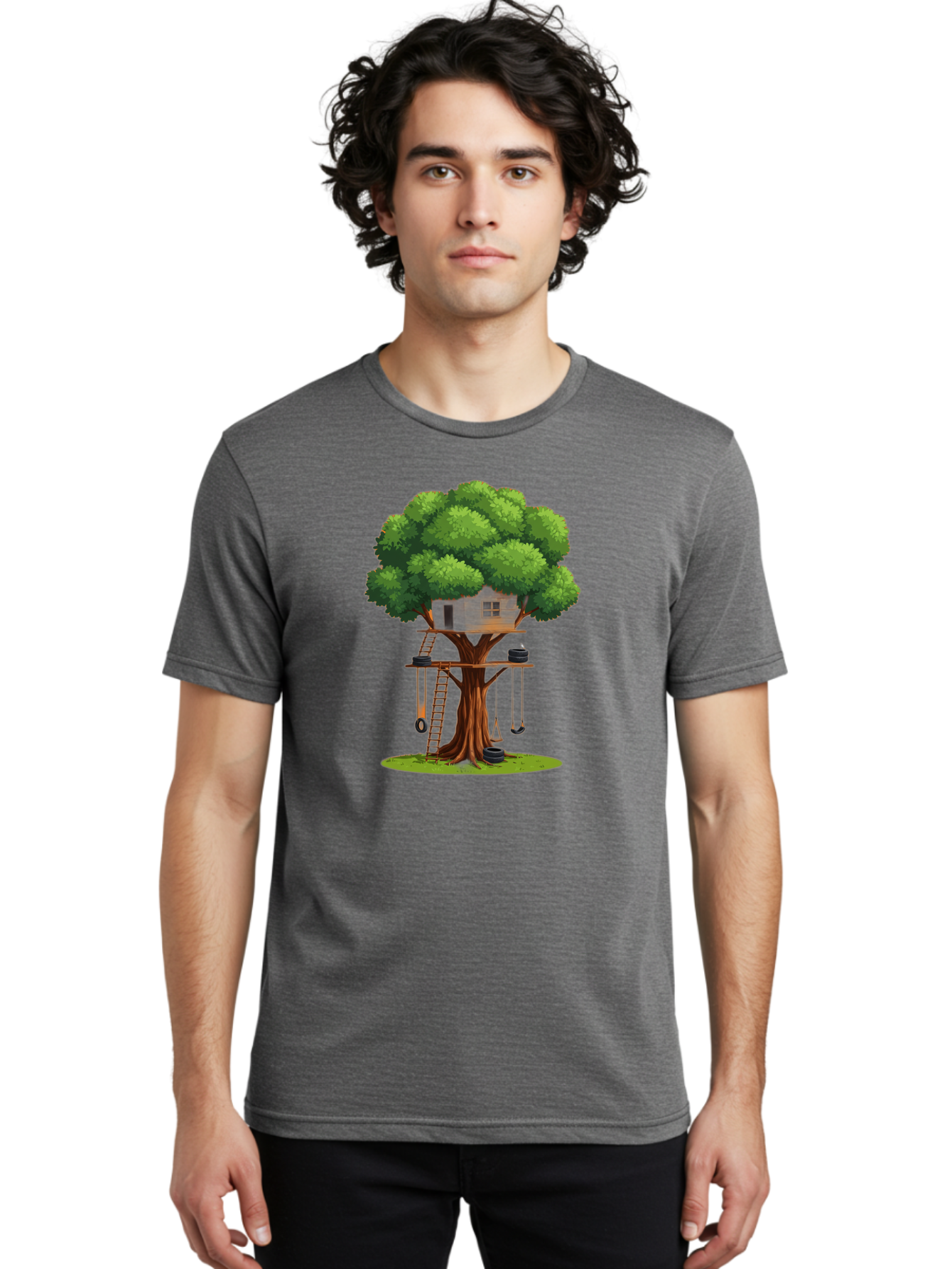 Treehouse Men'S Graphic Tee, 100% Cotton, Comfortable Casual Summer Wear, Machine Washable, Treehouse In The Tree, Wooden Ladder, Rope Swings, Natural Scenery, Outdoor Play, Whimsical Design, Fantasy Getaway, Imaginative Play, Bab552