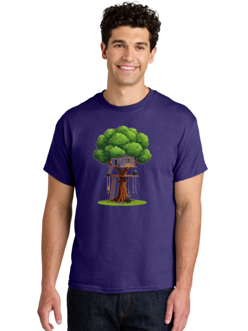 Treehouse Men'S Graphic Tee, 100% Cotton, Comfortable Casual Summer Wear, Machine Washable, Treehouse In The Tree, Wooden Ladder, Rope Swings, Natural Scenery, Outdoor Play, Whimsical Design, Fantasy Getaway, Imaginative Play, Bab552
