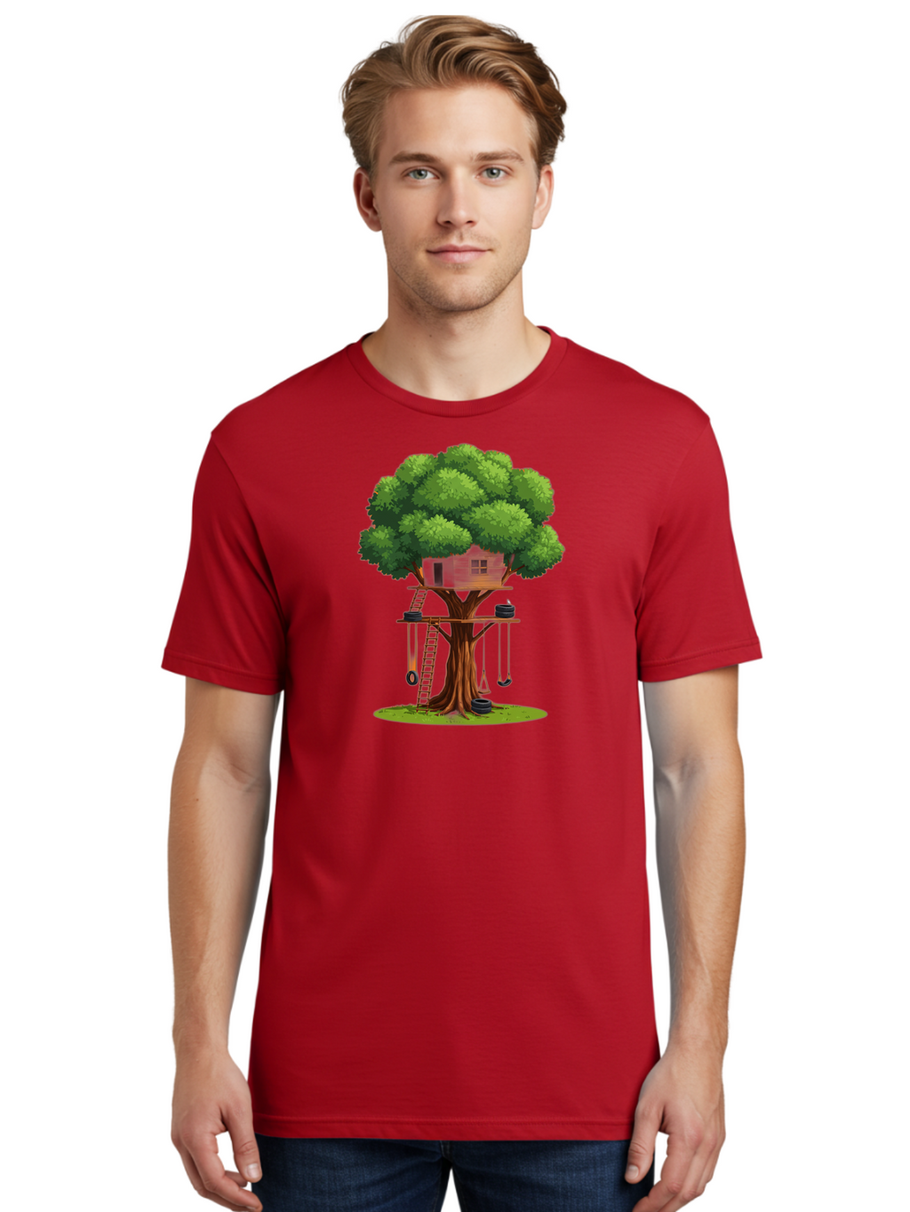 Treehouse Men'S Graphic Tee, 100% Cotton, Comfortable Casual Summer Wear, Machine Washable, Treehouse In The Tree, Wooden Ladder, Rope Swings, Natural Scenery, Outdoor Play, Whimsical Design, Fantasy Getaway, Imaginative Play, Bab552