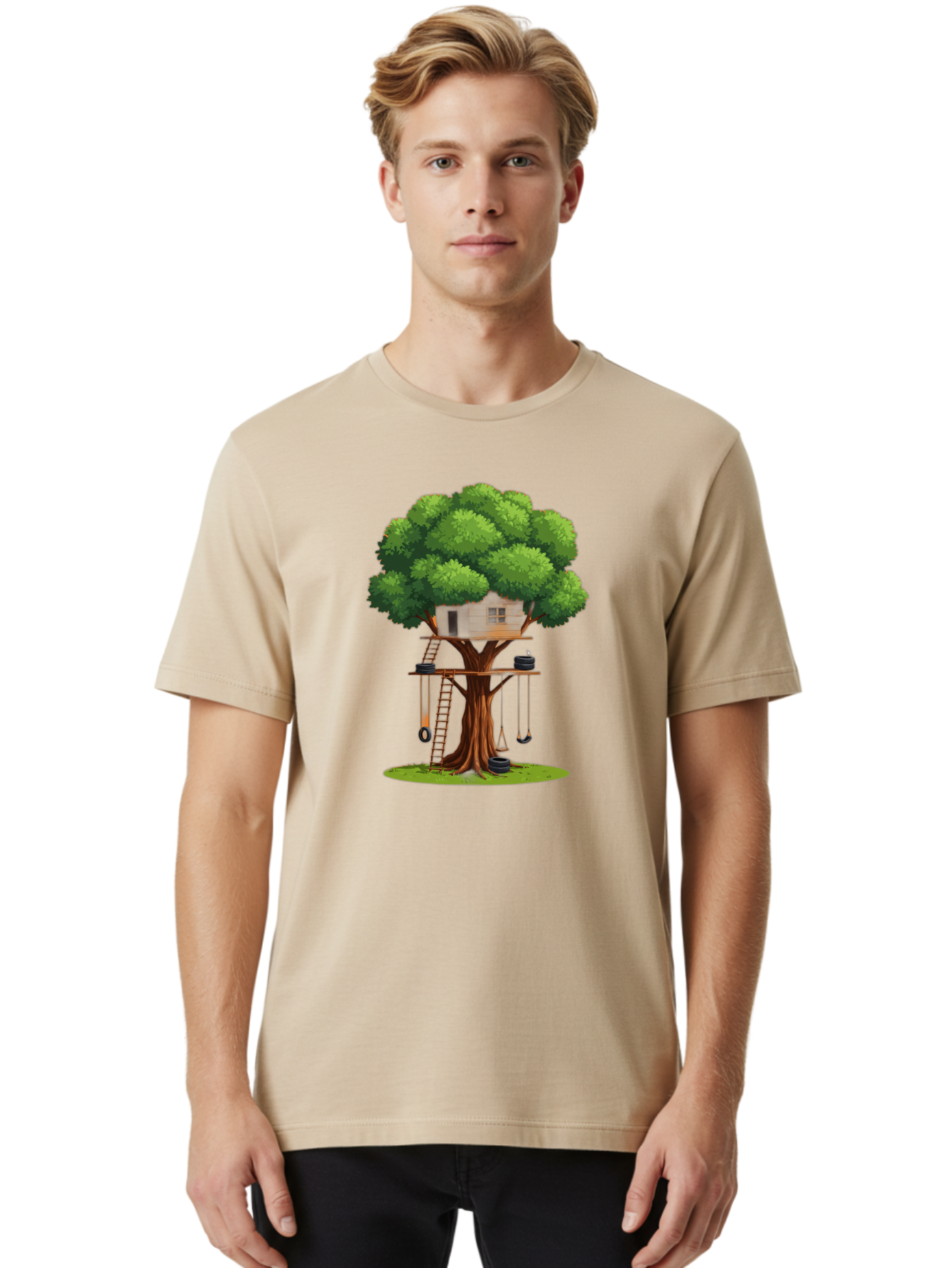Treehouse Men'S Graphic Tee, 100% Cotton, Comfortable Casual Summer Wear, Machine Washable, Treehouse In The Tree, Wooden Ladder, Rope Swings, Natural Scenery, Outdoor Play, Whimsical Design, Fantasy Getaway, Imaginative Play, Bab552