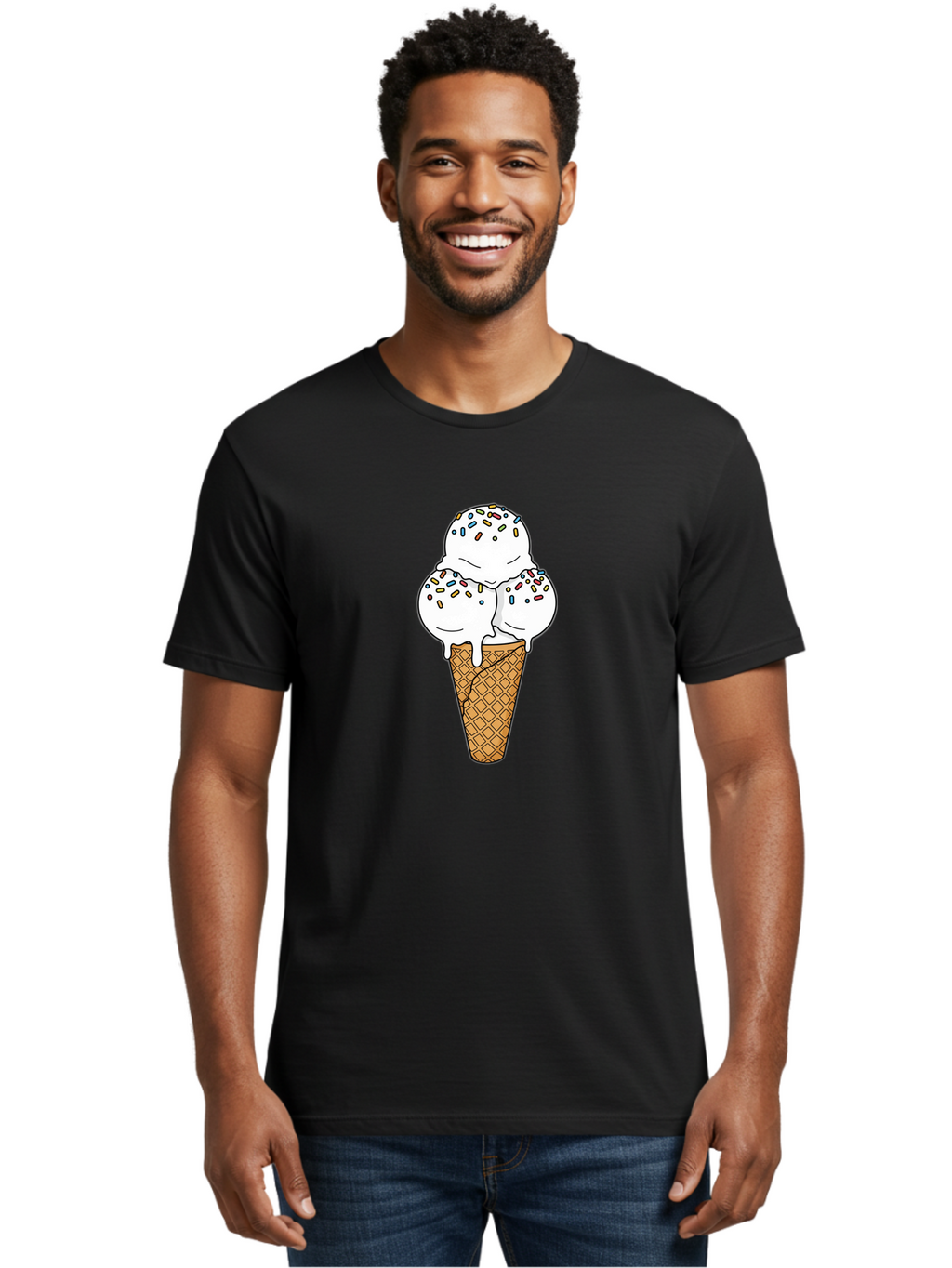 Tri-Scoop-Ice-Cream-Cone Men'S Graphic Tee, 100% Cotton, Comfortable Casual Summer Wear, Machine Washable, White Ice Cream, Colorful Sprinkles, Melting Ice Cream, Waffle Cone, Sweet Treat, Colorful Dessert, Summer Treat, Ice Cream Cone Bab553