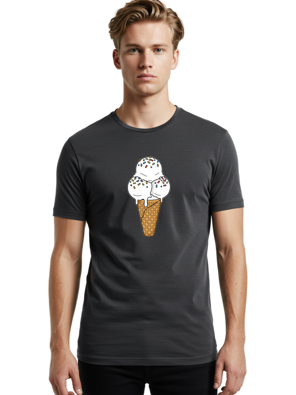 Tri-Scoop-Ice-Cream-Cone Men'S Graphic Tee, 100% Cotton, Comfortable Casual Summer Wear, Machine Washable, White Ice Cream, Colorful Sprinkles, Melting Ice Cream, Waffle Cone, Sweet Treat, Colorful Dessert, Summer Treat, Ice Cream Cone Bab553