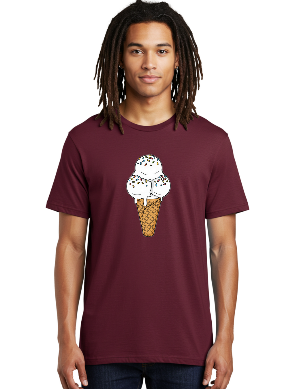 Tri-Scoop-Ice-Cream-Cone Men'S Graphic Tee, 100% Cotton, Comfortable Casual Summer Wear, Machine Washable, White Ice Cream, Colorful Sprinkles, Melting Ice Cream, Waffle Cone, Sweet Treat, Colorful Dessert, Summer Treat, Ice Cream Cone Bab553