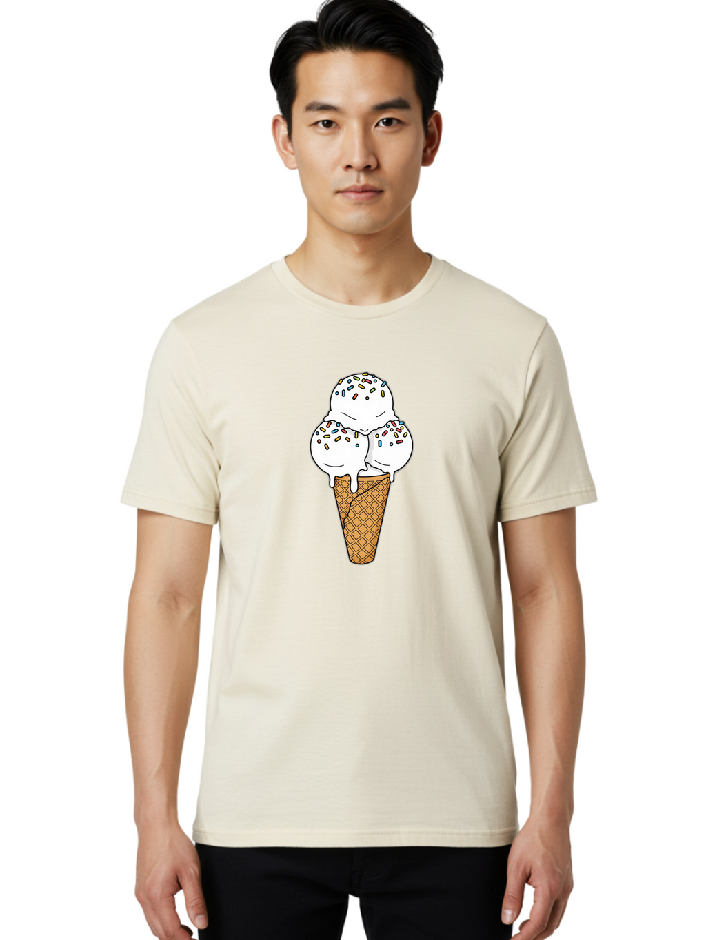 Tri-Scoop-Ice-Cream-Cone Men'S Graphic Tee, 100% Cotton, Comfortable Casual Summer Wear, Machine Washable, White Ice Cream, Colorful Sprinkles, Melting Ice Cream, Waffle Cone, Sweet Treat, Colorful Dessert, Summer Treat, Ice Cream Cone Bab553