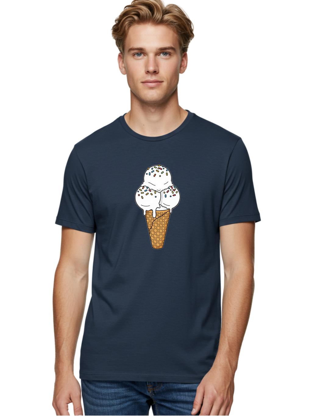 Tri-Scoop-Ice-Cream-Cone Men'S Graphic Tee, 100% Cotton, Comfortable Casual Summer Wear, Machine Washable, White Ice Cream, Colorful Sprinkles, Melting Ice Cream, Waffle Cone, Sweet Treat, Colorful Dessert, Summer Treat, Ice Cream Cone Bab553