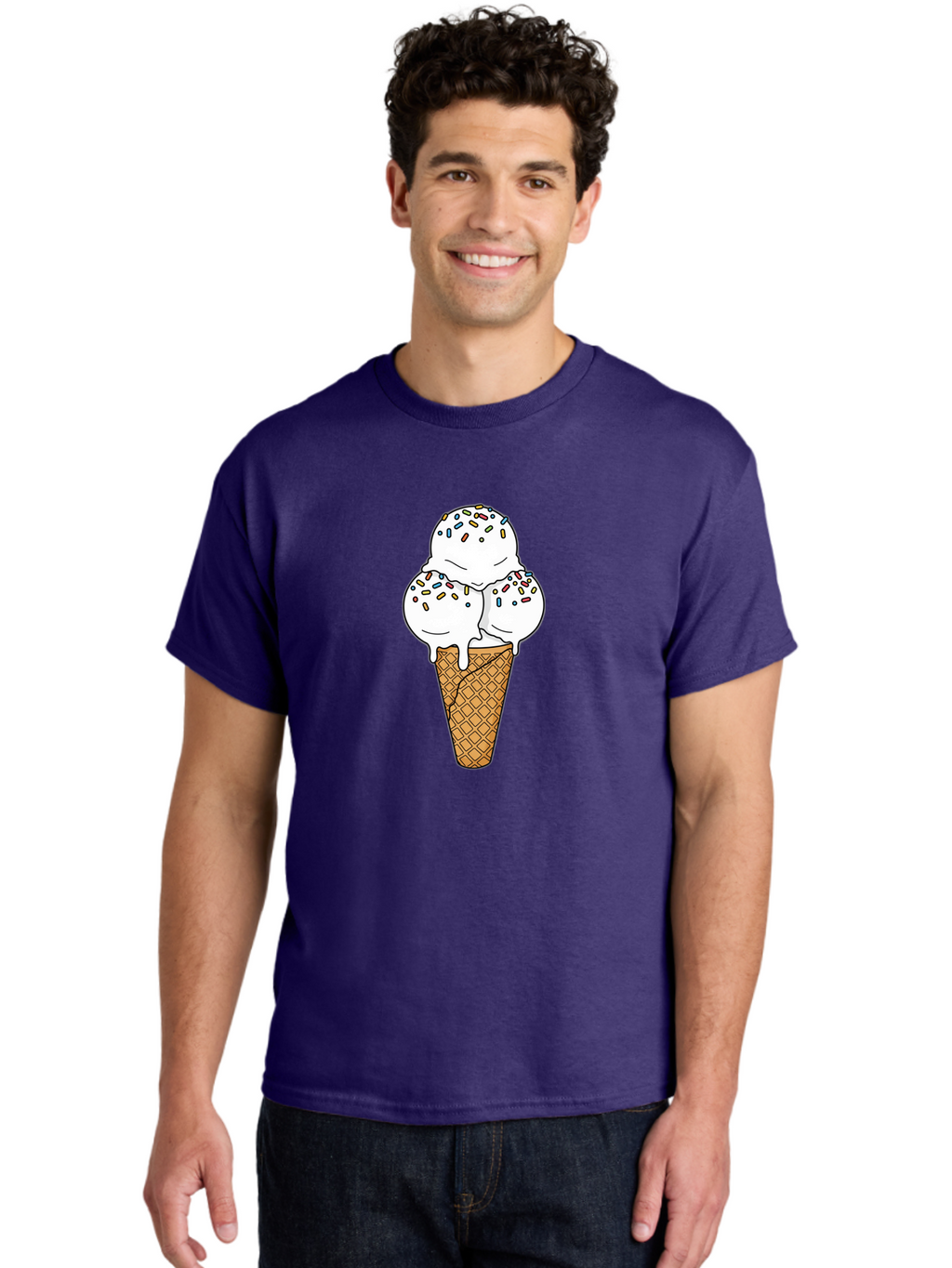 Tri-Scoop-Ice-Cream-Cone Men'S Graphic Tee, 100% Cotton, Comfortable Casual Summer Wear, Machine Washable, White Ice Cream, Colorful Sprinkles, Melting Ice Cream, Waffle Cone, Sweet Treat, Colorful Dessert, Summer Treat, Ice Cream Cone Bab553