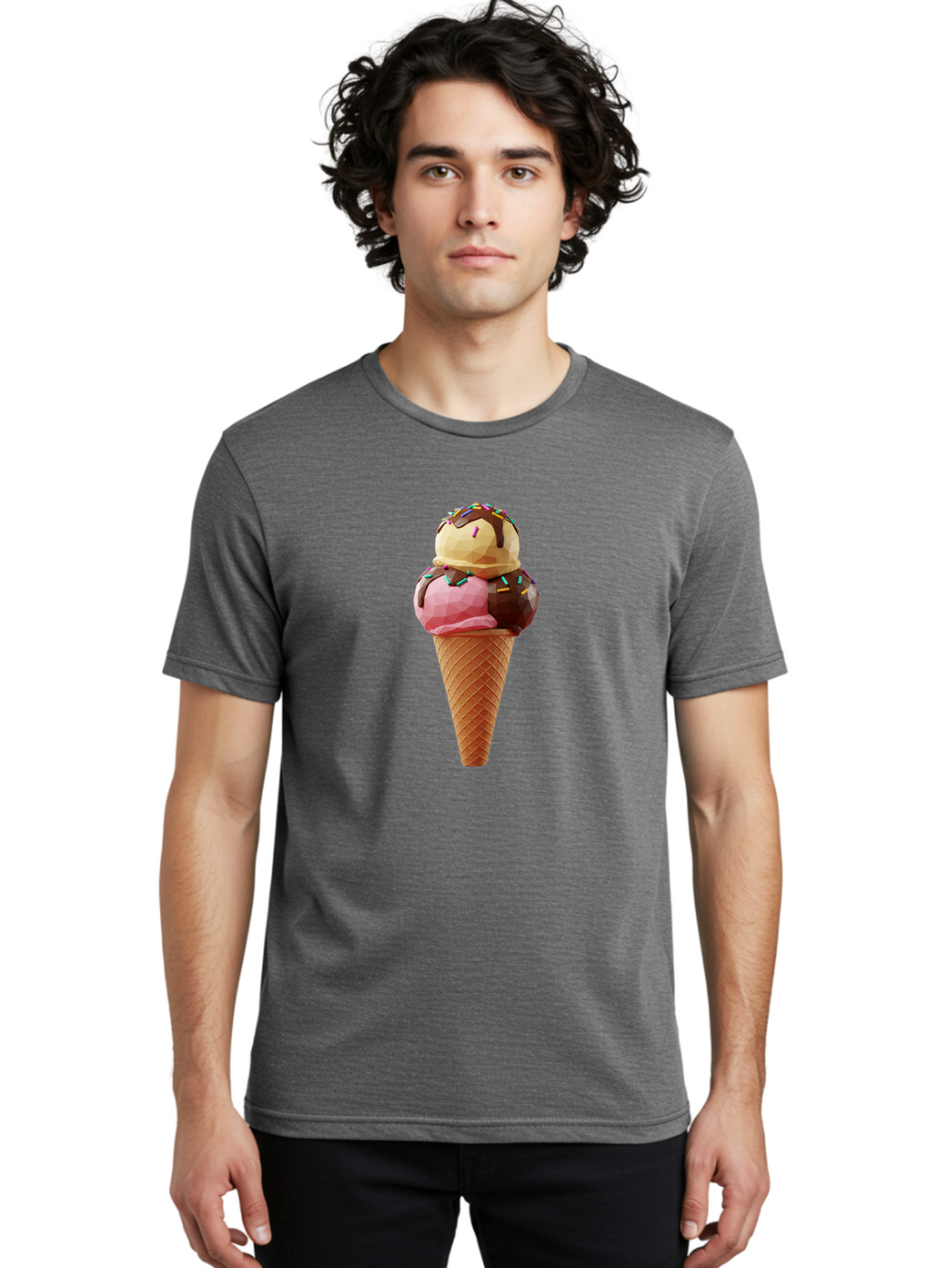 Triple-Scoop-Ice-Cream-1 Men'S Graphic Tee, 100% Cotton, Comfortable Casual Summer Wear, Machine Washable, Tri-Colored Ice Cream Cone, Sweet Treats, Colorful Dessert, Waffle Cone, Chocolate Sauce, Sprinkles, Pink Ice Cream, Brown Ice Cream, Bab554