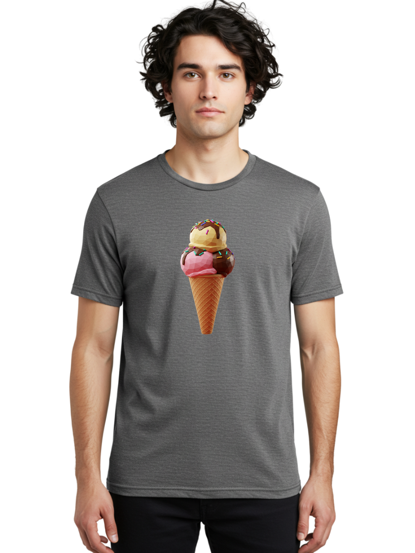 Triple-Scoop-Ice-Cream-1 Men'S Graphic Tee, 100% Cotton, Comfortable Casual Summer Wear, Machine Washable, Tri-Colored Ice Cream Cone, Sweet Treats, Colorful Dessert, Waffle Cone, Chocolate Sauce, Sprinkles, Pink Ice Cream, Brown Ice Cream, Bab554