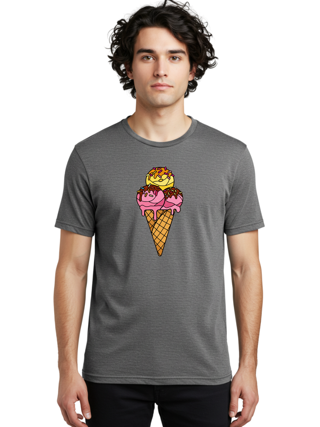 Triple-Scoop-Ice-Cream-2 Men'S Graphic Tee, 100% Cotton, Comfortable Casual Summer Wear, Machine Washable, Ice Cream Cone, Sweet Treats, Dessert, Melting Ice Cream, Pink Ice Cream, Chocolate Drizzle, Sprinkles, Waffle Cone Bab555