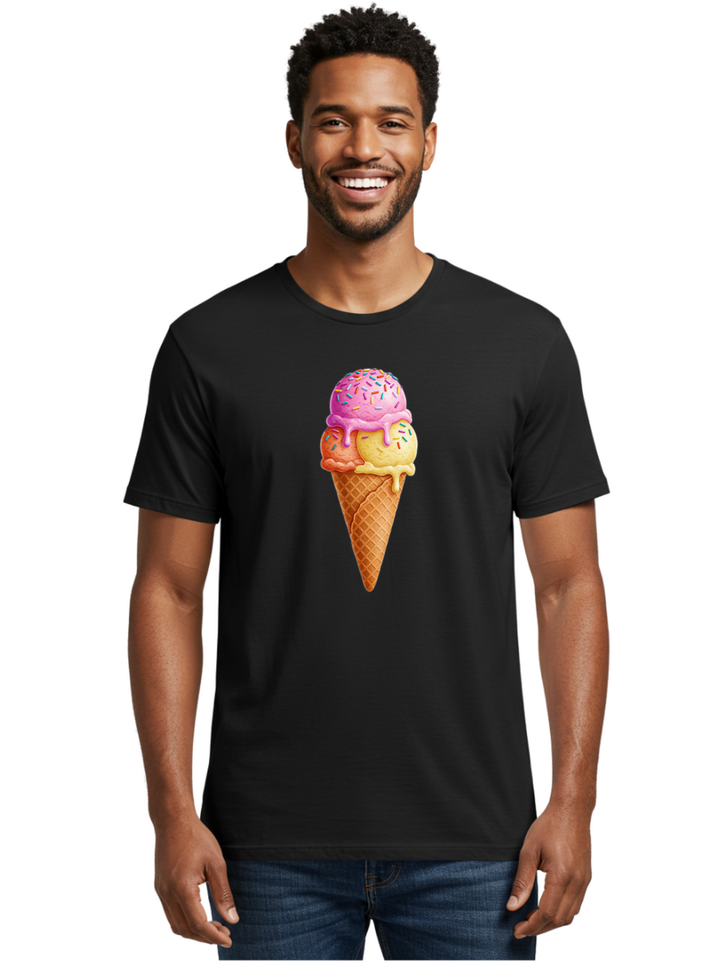 Triple-Scoop-Ice-Cream-3 Men'S Graphic Tee, 100% Cotton, Comfortable Casual Summer Wear, Machine Washable, Triple Scoop Ice Cream, Waffle Cone, Colorful Sprinkles, Melting Ice Cream, Sweet Treat, Dessert Delight, Pastel Colors, Summer Fun, Bab556