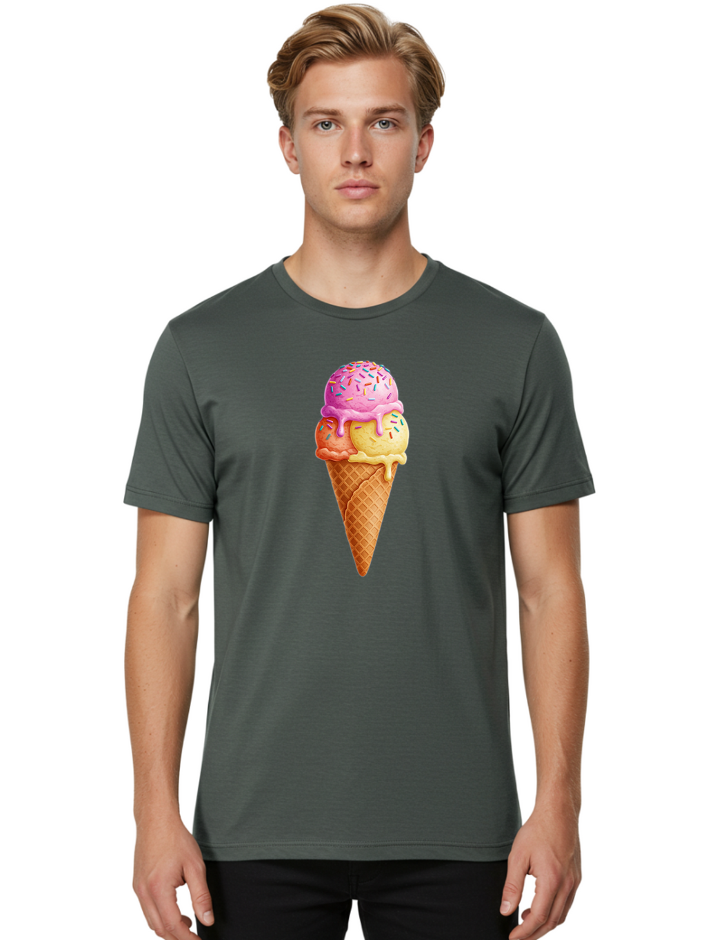 Triple-Scoop-Ice-Cream-3 Men'S Graphic Tee, 100% Cotton, Comfortable Casual Summer Wear, Machine Washable, Triple Scoop Ice Cream, Waffle Cone, Colorful Sprinkles, Melting Ice Cream, Sweet Treat, Dessert Delight, Pastel Colors, Summer Fun, Bab556