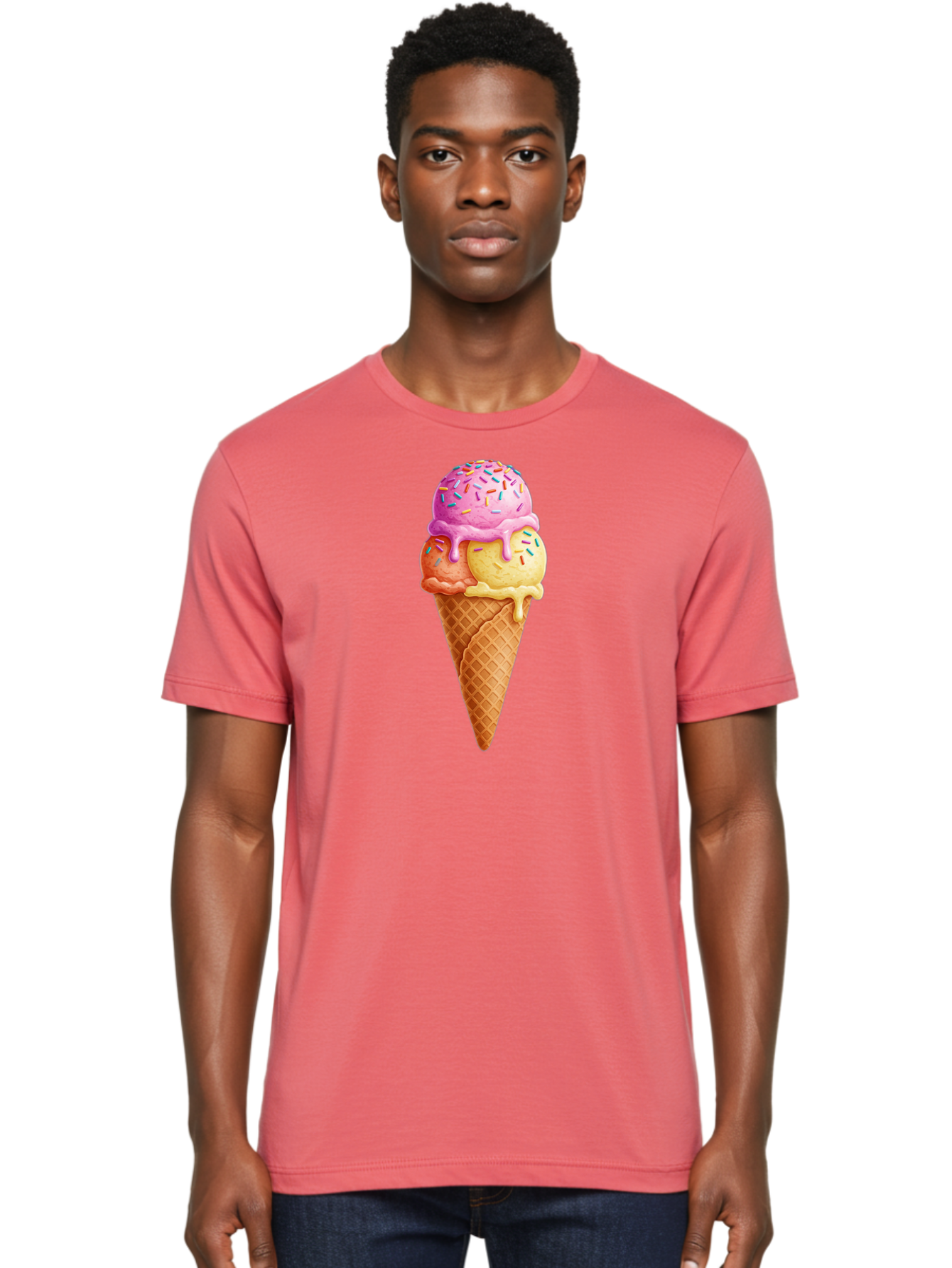 Triple-Scoop-Ice-Cream-3 Men'S Graphic Tee, 100% Cotton, Comfortable Casual Summer Wear, Machine Washable, Triple Scoop Ice Cream, Waffle Cone, Colorful Sprinkles, Melting Ice Cream, Sweet Treat, Dessert Delight, Pastel Colors, Summer Fun, Bab556