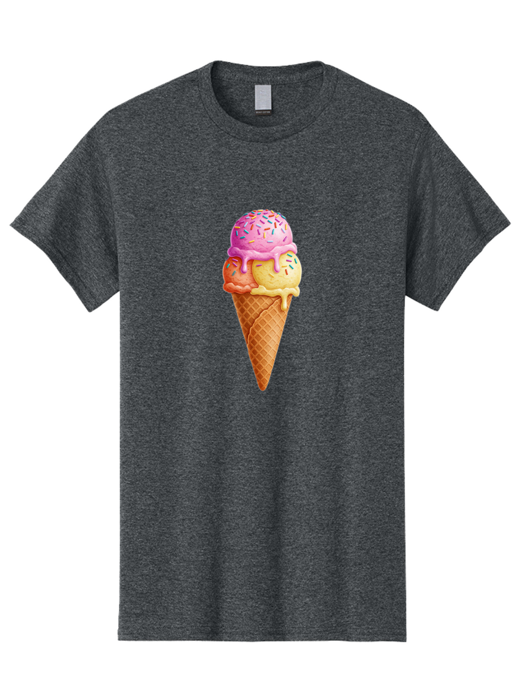 Triple-Scoop-Ice-Cream-3 Men'S Graphic Tee, 100% Cotton, Comfortable Casual Summer Wear, Machine Washable, Triple Scoop Ice Cream, Waffle Cone, Colorful Sprinkles, Melting Ice Cream, Sweet Treat, Dessert Delight, Pastel Colors, Summer Fun, Bab556