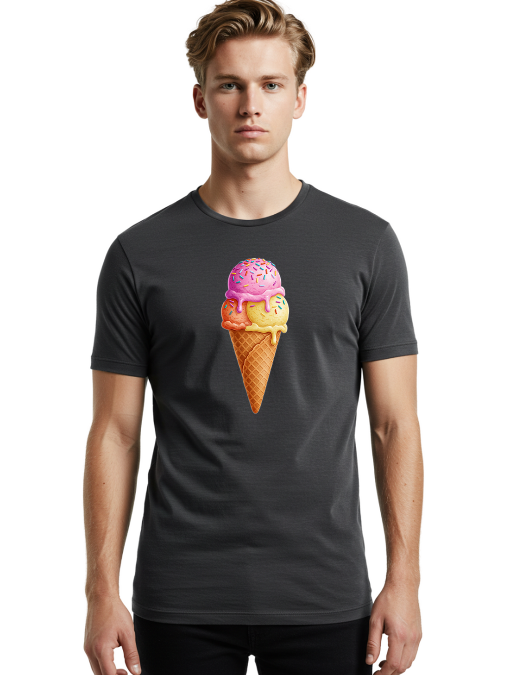 Triple-Scoop-Ice-Cream-3 Men'S Graphic Tee, 100% Cotton, Comfortable Casual Summer Wear, Machine Washable, Triple Scoop Ice Cream, Waffle Cone, Colorful Sprinkles, Melting Ice Cream, Sweet Treat, Dessert Delight, Pastel Colors, Summer Fun, Bab556
