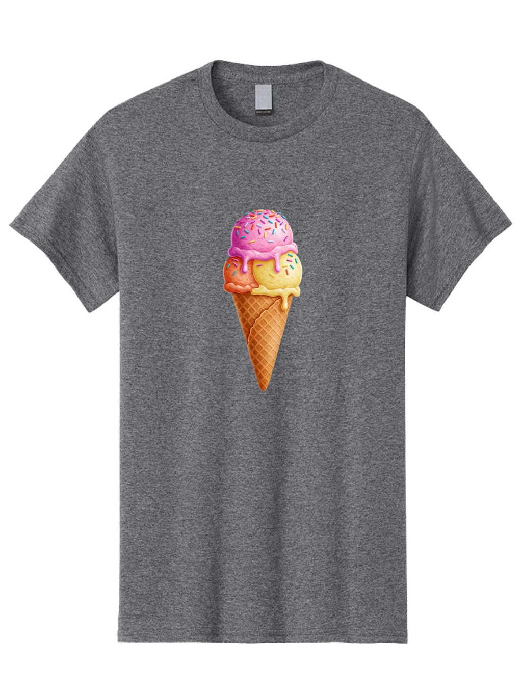 Triple-Scoop-Ice-Cream-3 Men'S Graphic Tee, 100% Cotton, Comfortable Casual Summer Wear, Machine Washable, Triple Scoop Ice Cream, Waffle Cone, Colorful Sprinkles, Melting Ice Cream, Sweet Treat, Dessert Delight, Pastel Colors, Summer Fun, Bab556