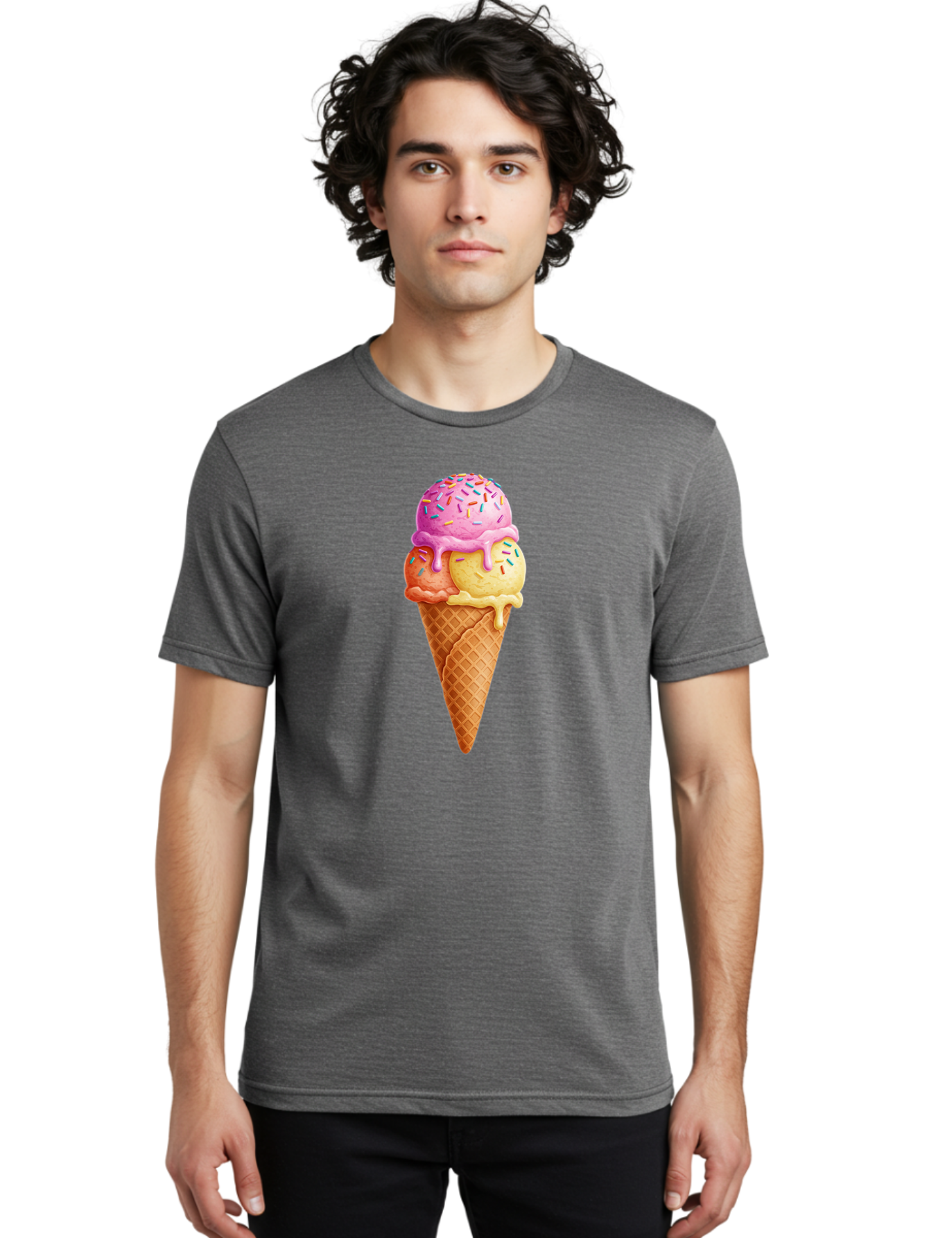 Triple-Scoop-Ice-Cream-3 Men'S Graphic Tee, 100% Cotton, Comfortable Casual Summer Wear, Machine Washable, Triple Scoop Ice Cream, Waffle Cone, Colorful Sprinkles, Melting Ice Cream, Sweet Treat, Dessert Delight, Pastel Colors, Summer Fun, Bab556