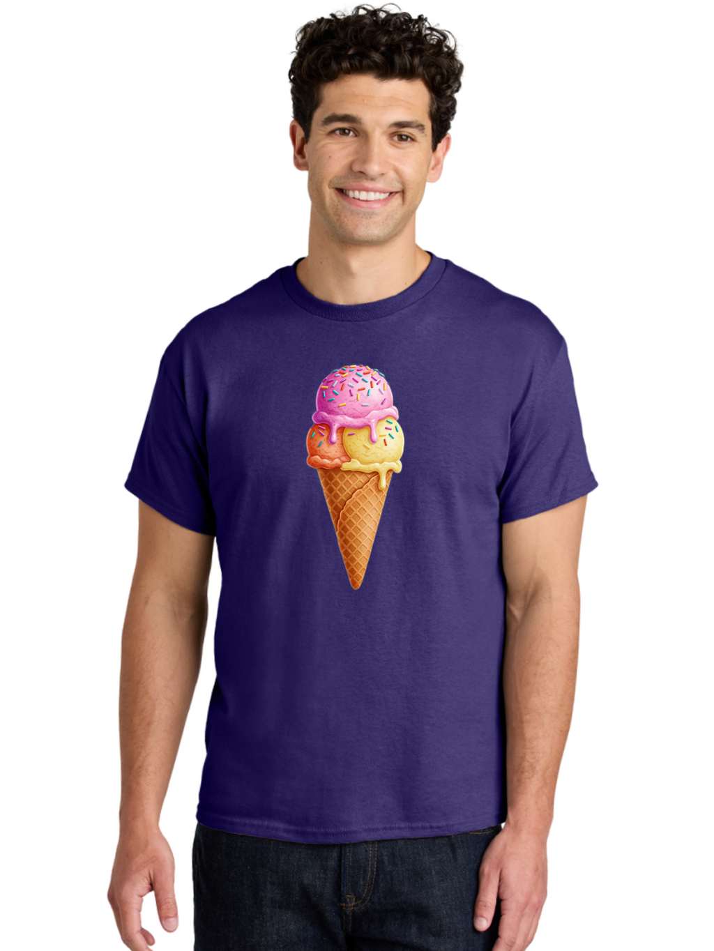 Triple-Scoop-Ice-Cream-3 Men'S Graphic Tee, 100% Cotton, Comfortable Casual Summer Wear, Machine Washable, Triple Scoop Ice Cream, Waffle Cone, Colorful Sprinkles, Melting Ice Cream, Sweet Treat, Dessert Delight, Pastel Colors, Summer Fun, Bab556