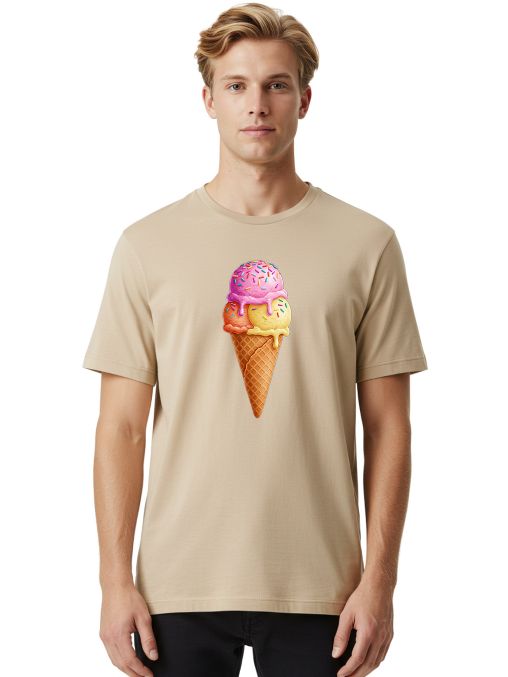 Triple-Scoop-Ice-Cream-3 Men'S Graphic Tee, 100% Cotton, Comfortable Casual Summer Wear, Machine Washable, Triple Scoop Ice Cream, Waffle Cone, Colorful Sprinkles, Melting Ice Cream, Sweet Treat, Dessert Delight, Pastel Colors, Summer Fun, Bab556