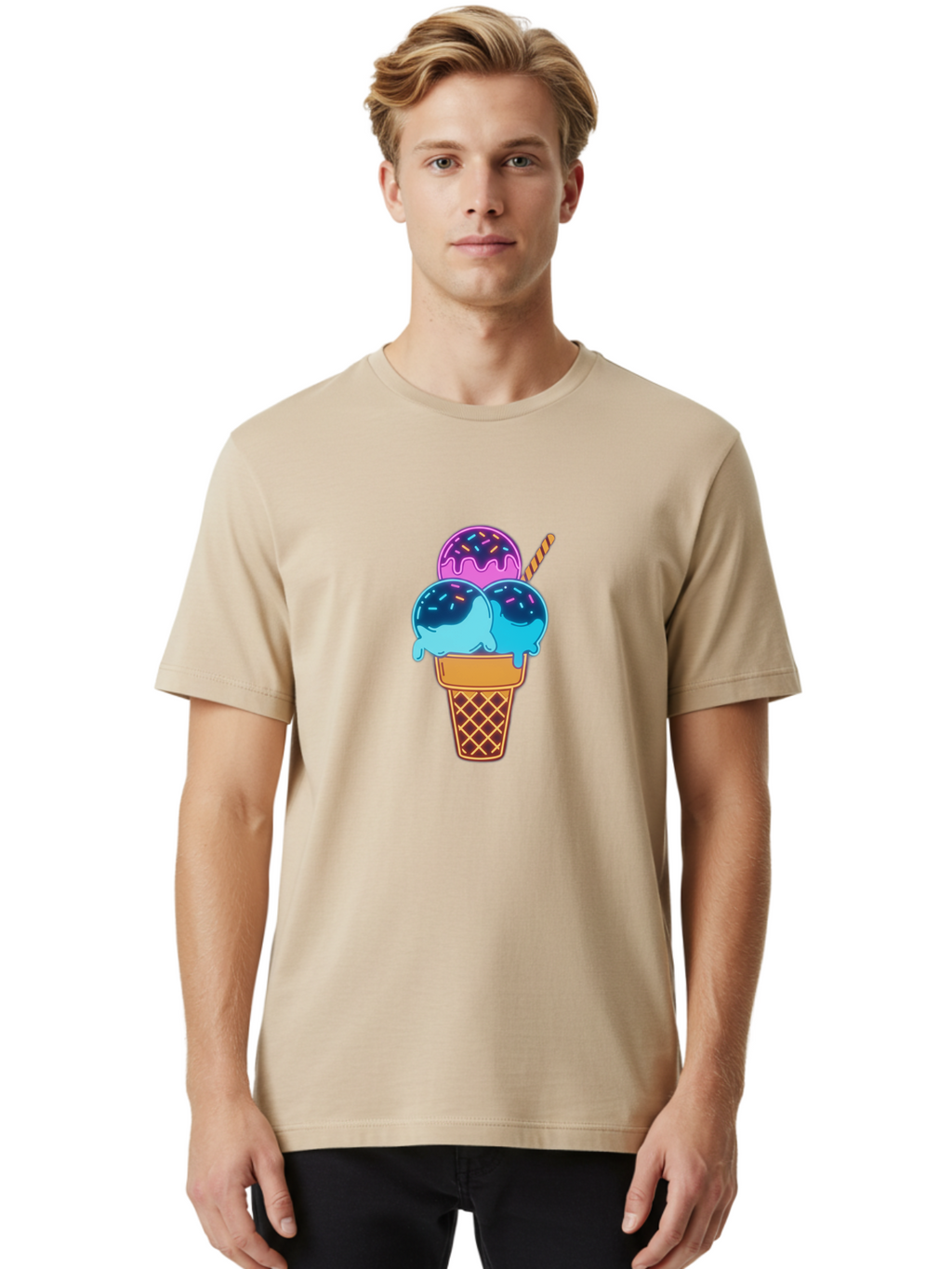 Triple-Scoop-Ice-Cream Men'S Graphic Tee, 100% Cotton, Comfortable Casual Summer Wear, Machine Washable, Ice Cream Cone, Three Scoops, Colorful Treats, Sweet Dessert, Sprinkles, Waffle Cone, Summer Fun, Creamy Texture, Vibrant Colors, Bab557