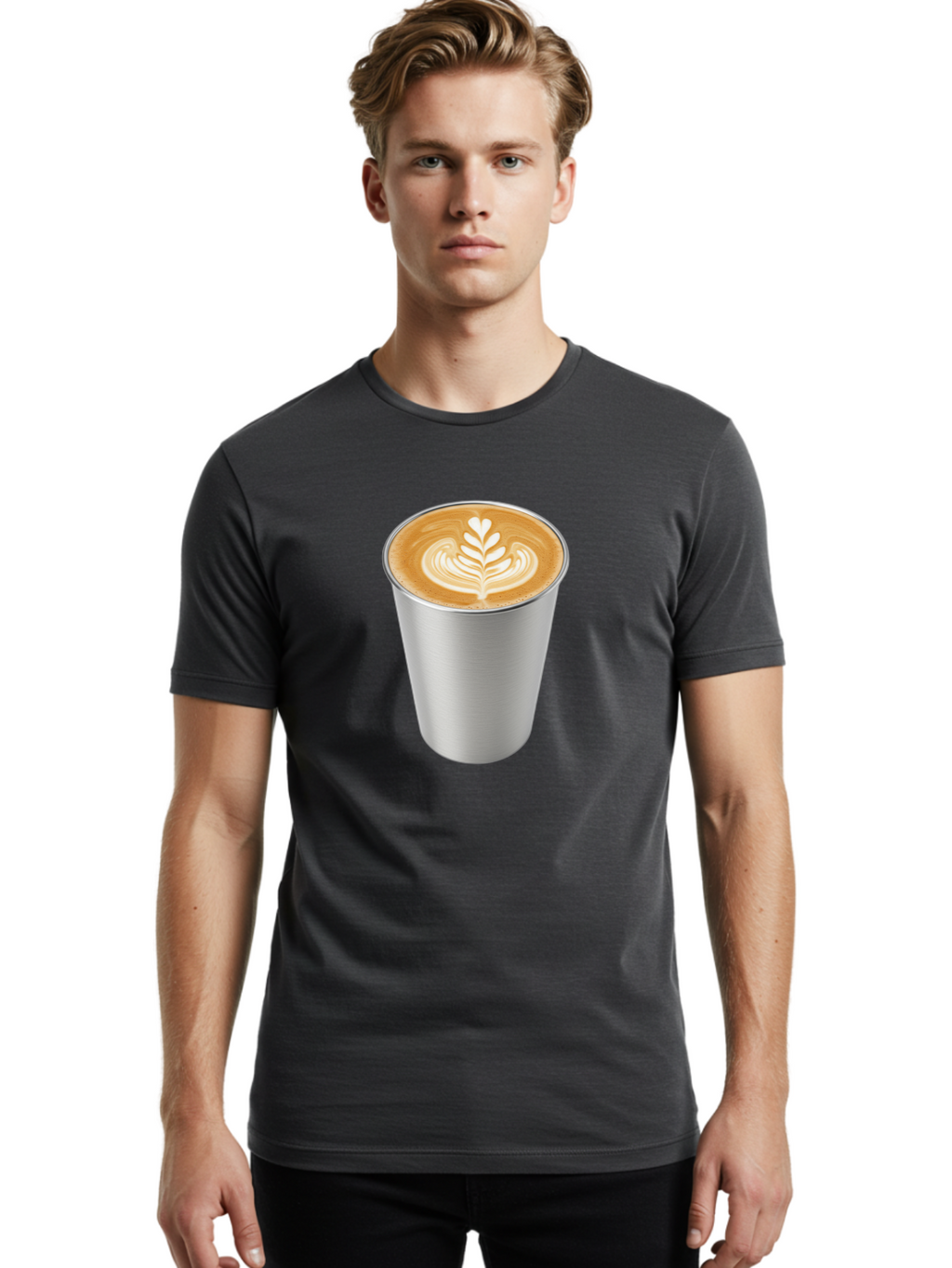 Tulip-Latte Men'S Graphic Tee, 100% Cotton, Comfortable Casual Summer Wear, Machine Washable, Coffee In A Cup, Latte Art, Heart Leaf Design, Silver Cup, Coffee Drink, Coffee Culture, Espresso, Creamy Foam, Morning Coffee, Caffeine Boost Bab558