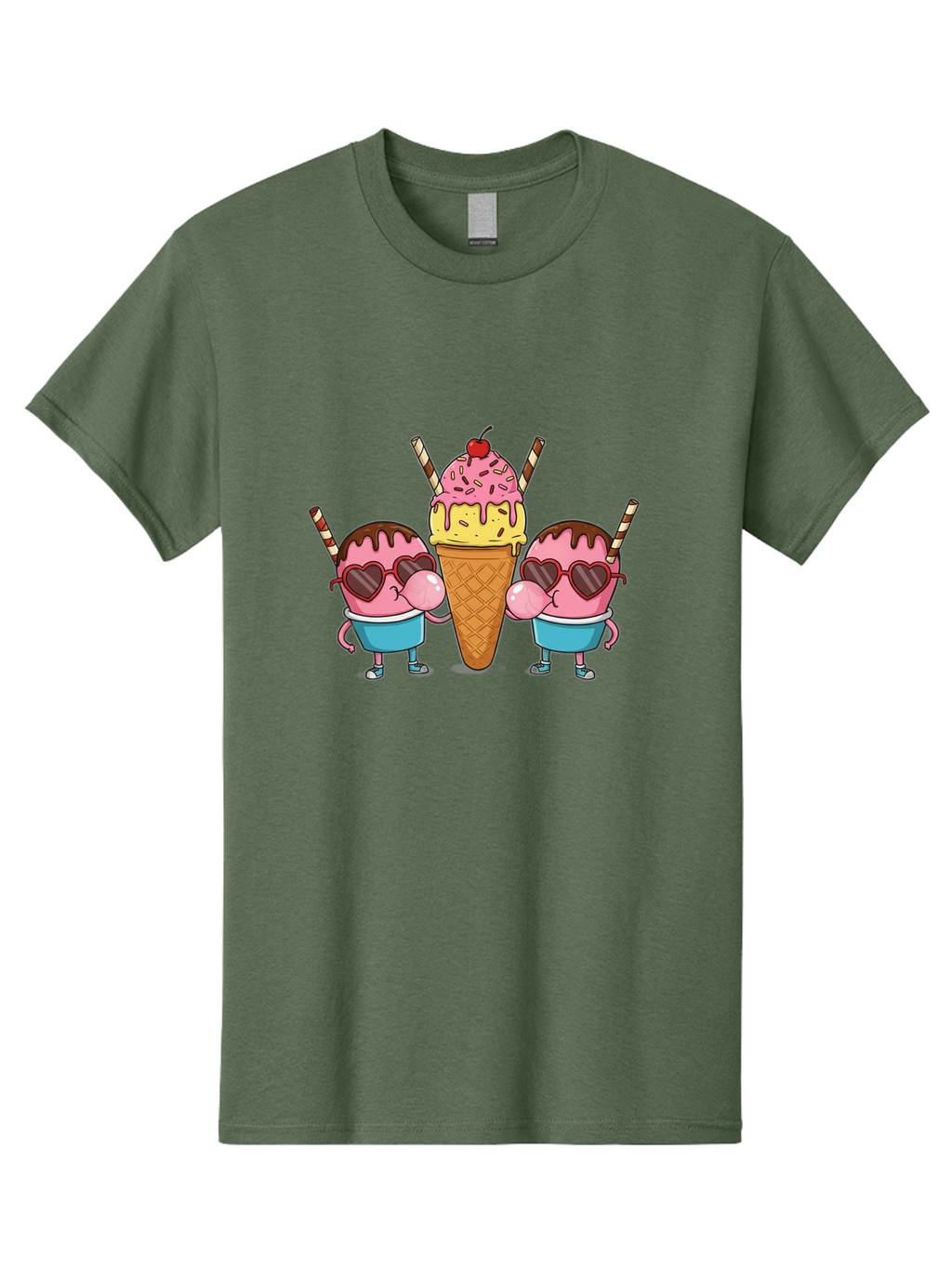 Twin-Ice-Cream Men'S Graphic Tee, 100% Cotton, Comfortable Casual Summer Wear, Machine Washable, Cartoon Ice Cream Characters, Heart-Shaped Sunglasses, Dripping Chocolate, Pink And Yellow Ice Cream, Sprinkles, Cherry On Top, Striped Straws, Bab559
