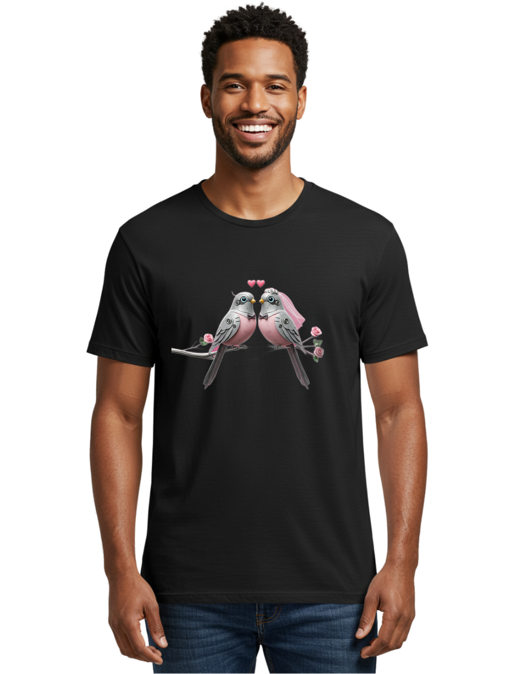 Two-Birds Men'S Graphic Tee, 100% Cotton, Comfortable Casual Summer Wear, Machine Washable, Love Birds, Couple Birds, Pink Birds On Branch, Birds With Wedding Veil, Birds Kissing, Pink Roses, Romantic Birds, Bird Couple, Adorable Birds, Bab560
