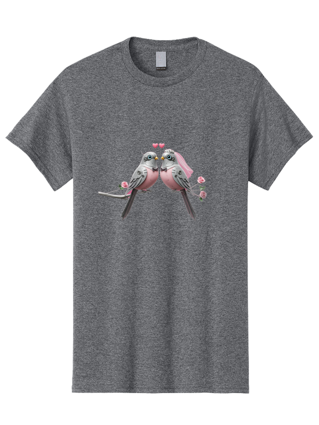 Two-Birds Men'S Graphic Tee, 100% Cotton, Comfortable Casual Summer Wear, Machine Washable, Love Birds, Couple Birds, Pink Birds On Branch, Birds With Wedding Veil, Birds Kissing, Pink Roses, Romantic Birds, Bird Couple, Adorable Birds, Bab560