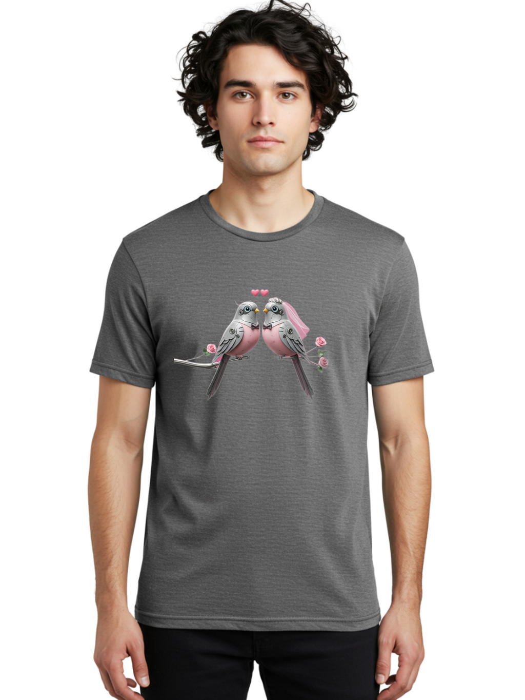Two-Birds Men'S Graphic Tee, 100% Cotton, Comfortable Casual Summer Wear, Machine Washable, Love Birds, Couple Birds, Pink Birds On Branch, Birds With Wedding Veil, Birds Kissing, Pink Roses, Romantic Birds, Bird Couple, Adorable Birds, Bab560