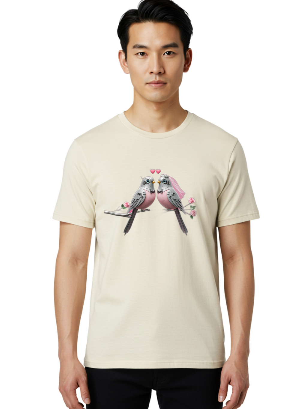 Two-Birds Men'S Graphic Tee, 100% Cotton, Comfortable Casual Summer Wear, Machine Washable, Love Birds, Couple Birds, Pink Birds On Branch, Birds With Wedding Veil, Birds Kissing, Pink Roses, Romantic Birds, Bird Couple, Adorable Birds, Bab560