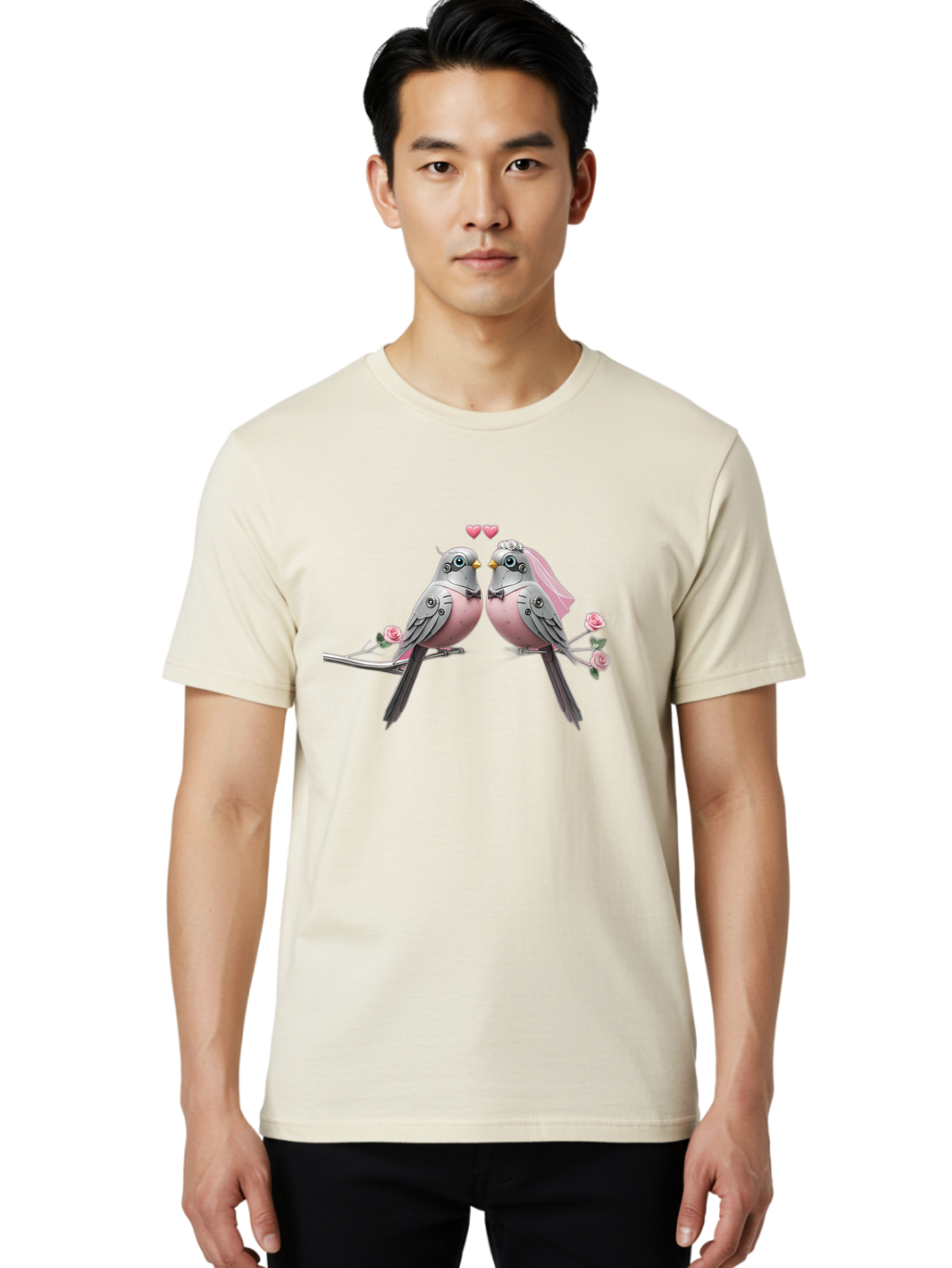 Two-Birds Men'S Graphic Tee, 100% Cotton, Comfortable Casual Summer Wear, Machine Washable, Love Birds, Couple Birds, Pink Birds On Branch, Birds With Wedding Veil, Birds Kissing, Pink Roses, Romantic Birds, Bird Couple, Adorable Birds, Bab560
