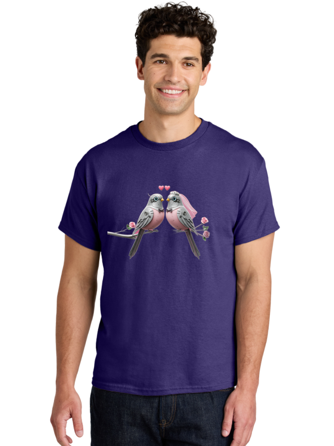 Two-Birds Men'S Graphic Tee, 100% Cotton, Comfortable Casual Summer Wear, Machine Washable, Love Birds, Couple Birds, Pink Birds On Branch, Birds With Wedding Veil, Birds Kissing, Pink Roses, Romantic Birds, Bird Couple, Adorable Birds, Bab560