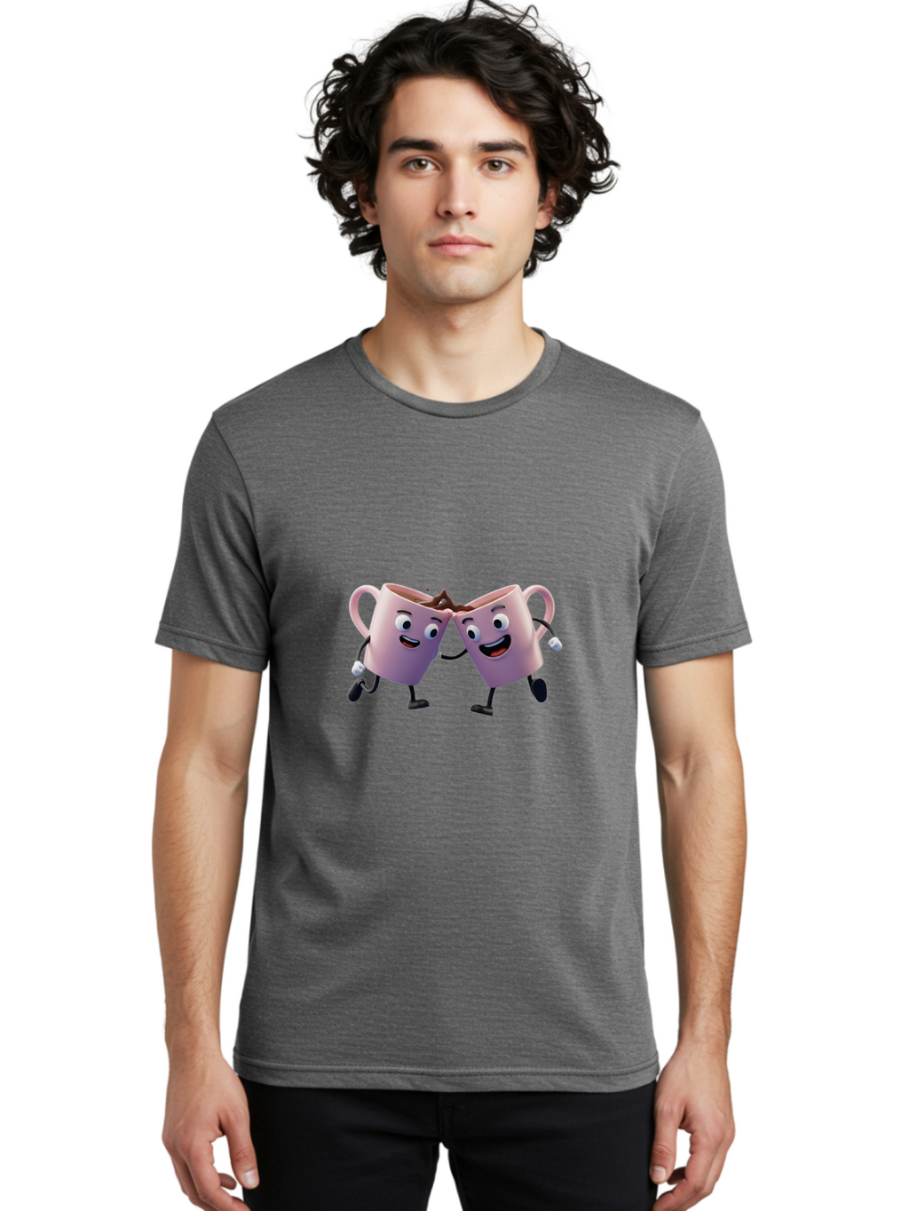 Two-Pink-Coffee-Mugs Men'S Graphic Tee, 100% Cotton, Comfortable Casual Summer Wear, Machine Washable, Coffee Mugs Cheering, Cartoon Characters, Happy Faces, Coffee Lovers, Friendship, Joyful Moments, Coffee Culture, Playful Design, Bab562