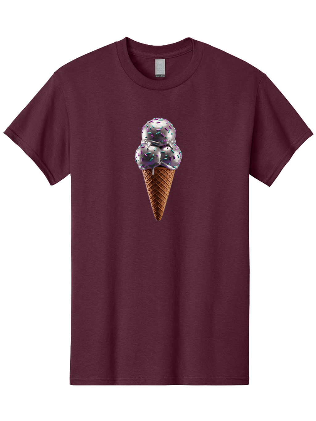 Two-Scoops-Ice-Cream Men'S Graphic Tee, 100% Cotton, Comfortable Casual Summer Wear, Machine Washable, Ice Cream Cone, Waffle Cone, Sprinkles, Purple Ice Cream, Colorful Dessert, Sweet Treat, Summer Snack, Melting Ice Cream Bab563
