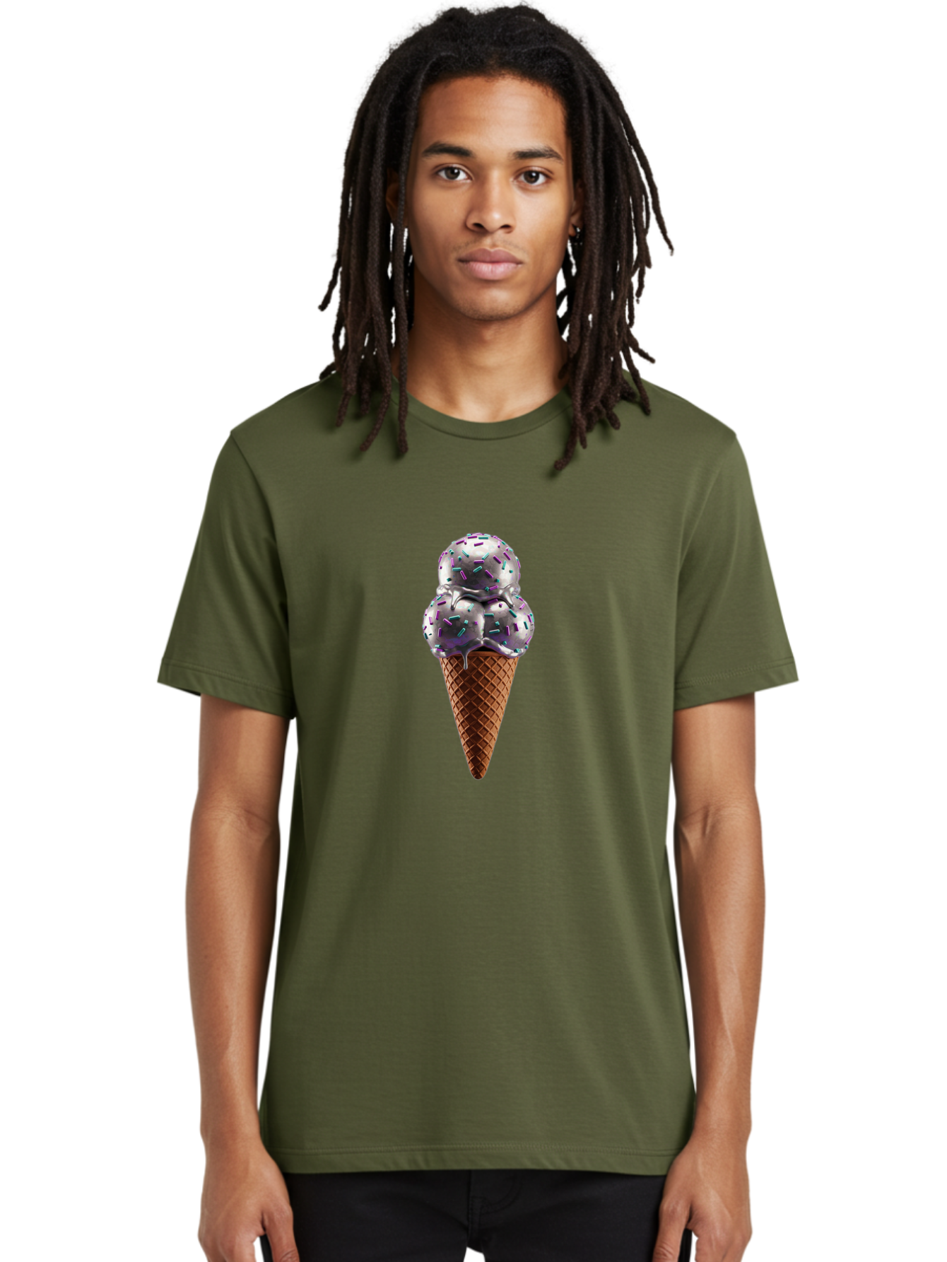 Two-Scoops-Ice-Cream Men'S Graphic Tee, 100% Cotton, Comfortable Casual Summer Wear, Machine Washable, Ice Cream Cone, Waffle Cone, Sprinkles, Purple Ice Cream, Colorful Dessert, Sweet Treat, Summer Snack, Melting Ice Cream Bab563