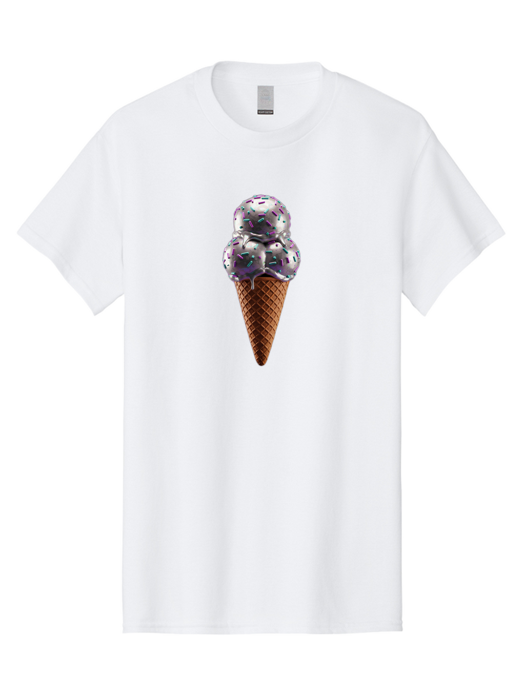 Two-Scoops-Ice-Cream Men'S Graphic Tee, 100% Cotton, Comfortable Casual Summer Wear, Machine Washable, Ice Cream Cone, Waffle Cone, Sprinkles, Purple Ice Cream, Colorful Dessert, Sweet Treat, Summer Snack, Melting Ice Cream Bab563