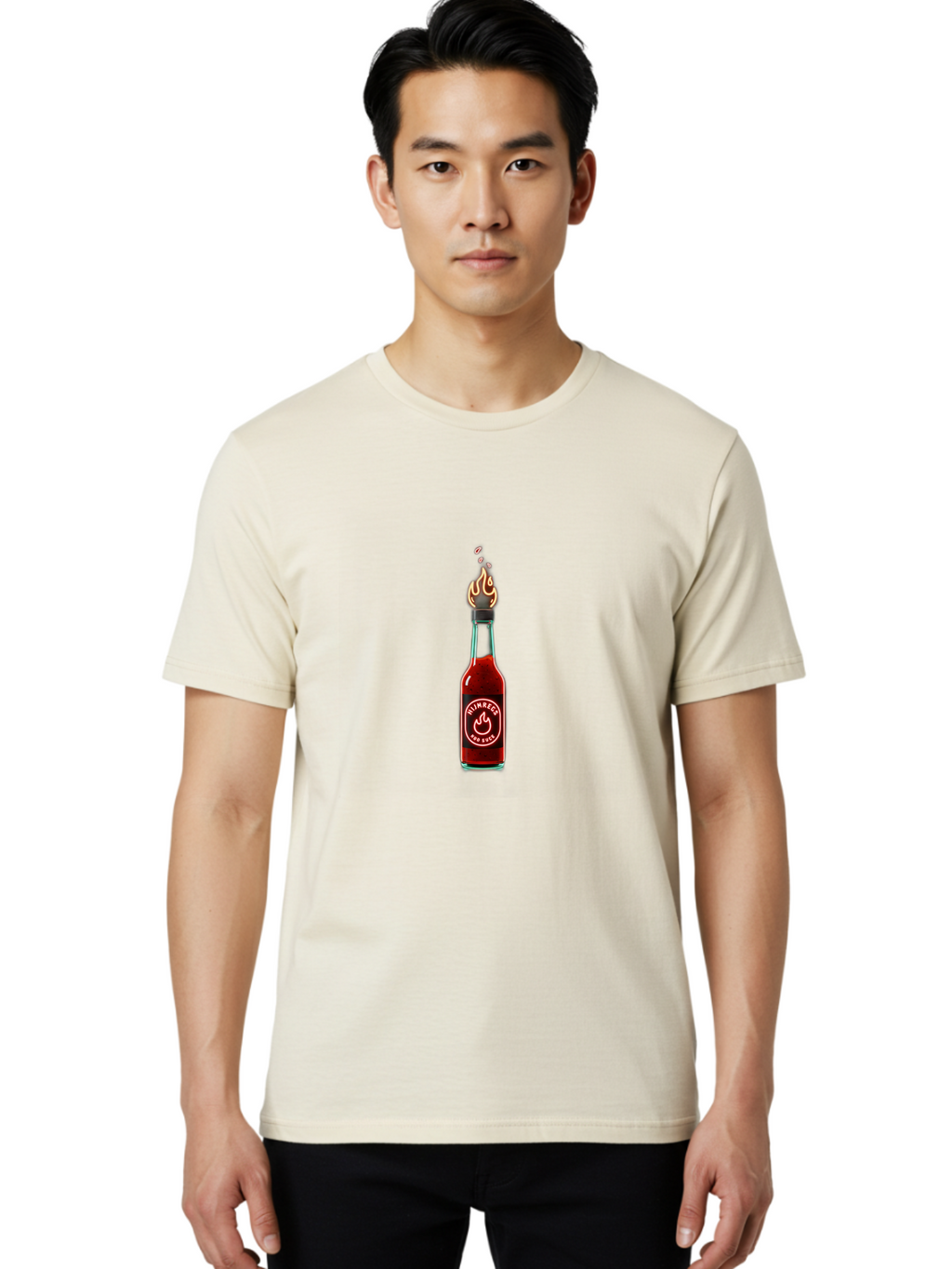 Unimred-Hot-Sauce Men'S Graphic Tee, 100% Cotton, Comfortable Casual Summer Wear, Machine Washable, Hot Sauce Bottle, Spicy Condiment, Ntimred Label, Burning Flame, Fiery Passion, Bold Flavor, Chili Pepper Sauce, Condiment Bottle Bab565