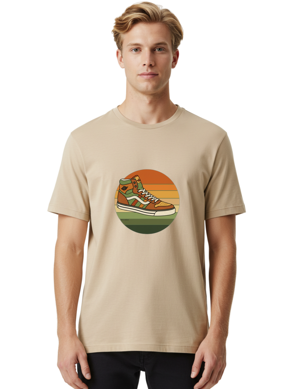 Vans-Shoes Men'S Graphic Tee, 100% Cotton, Comfortable Casual Summer Wear, Machine Washable, Vans Sneaker, Streetwear Fashion, Casual Footwear, Skateboarding Shoes, Green And Brown Color Scheme, High-Top Design, White Laces, Bab567