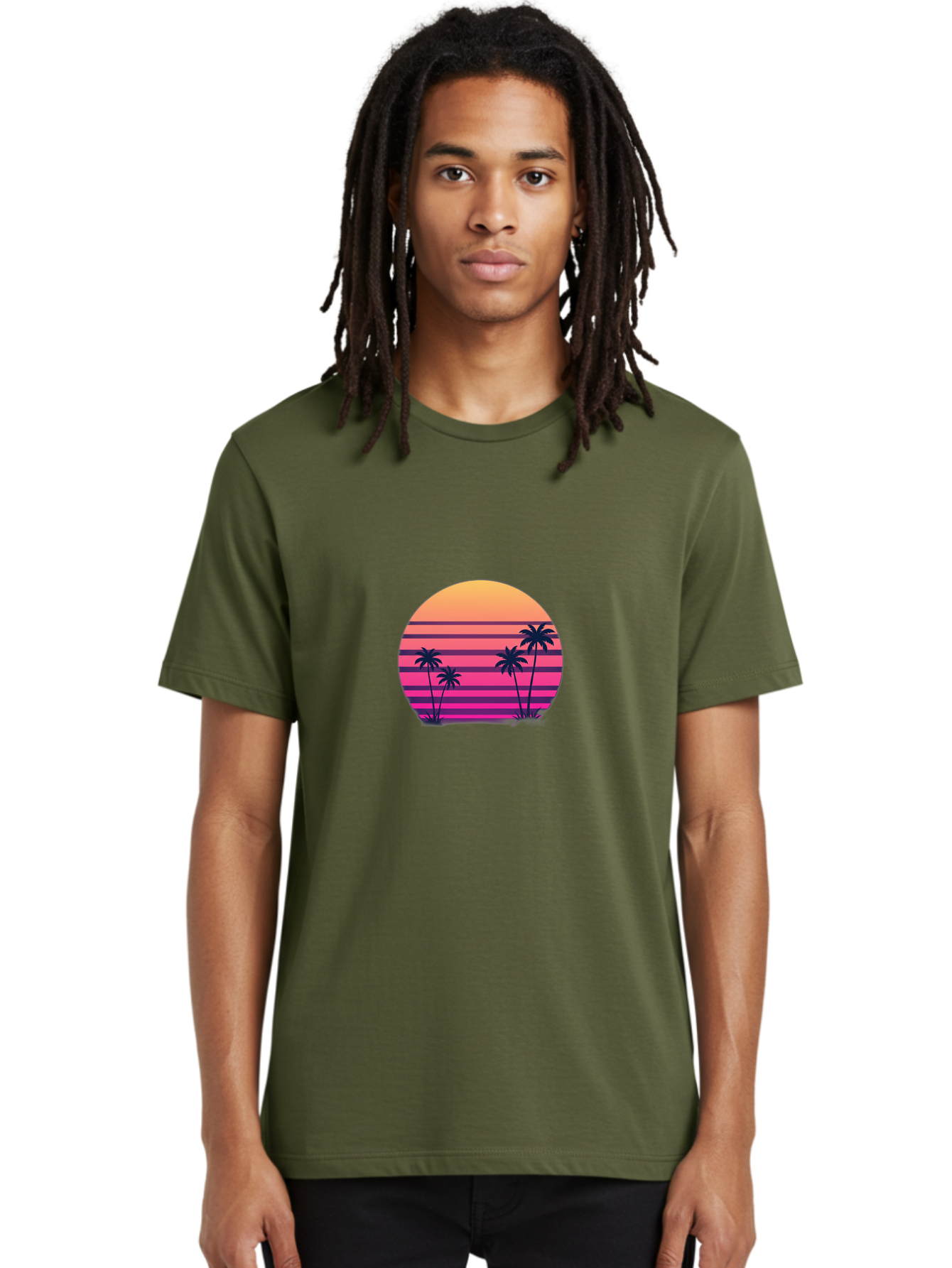 Vaporwave-Sunset Men'S Graphic Tee, 100% Cotton, Comfortable Casual Summer Wear, Machine Washable, Vaporwave Aesthetic, Retro Futurism, Sunset Landscape, Palm Trees, Neon Colors, Synthwave Art, Retro Style, 80S Vibe, Tropical Scenery, Bab568