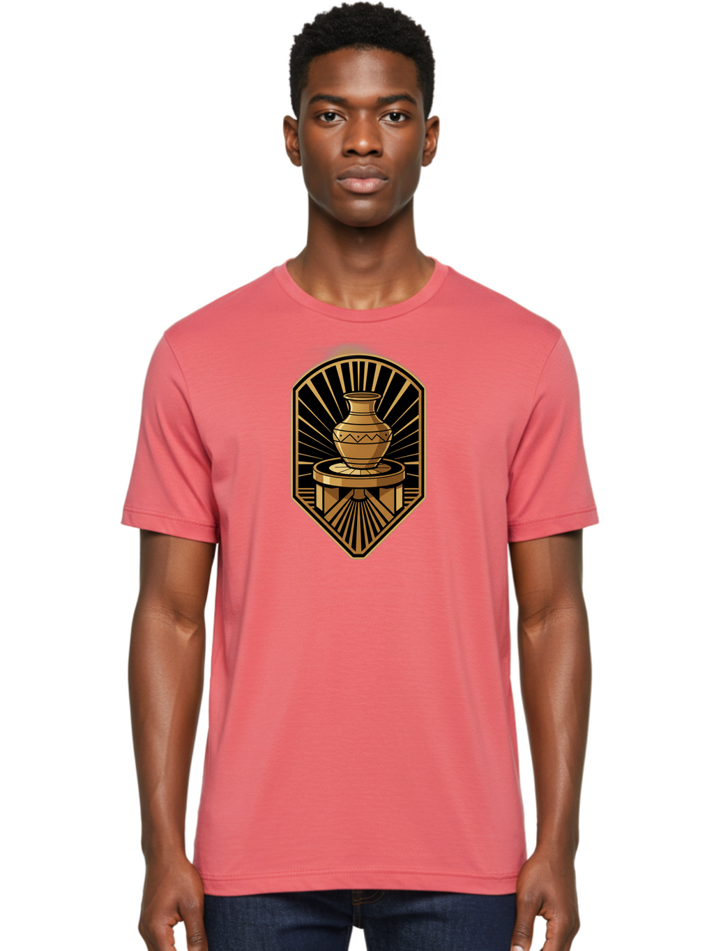 Vase-On-Pedestal Men'S Graphic Tee, 100% Cotton, Comfortable Casual Summer Wear, Machine Washable, Golden Vase, Decorative Pot, Ornate Design, Geometric Patterns, Luxurious Feel, Ancient Artifact, Stylish Decor, Elegant Display, Bab569