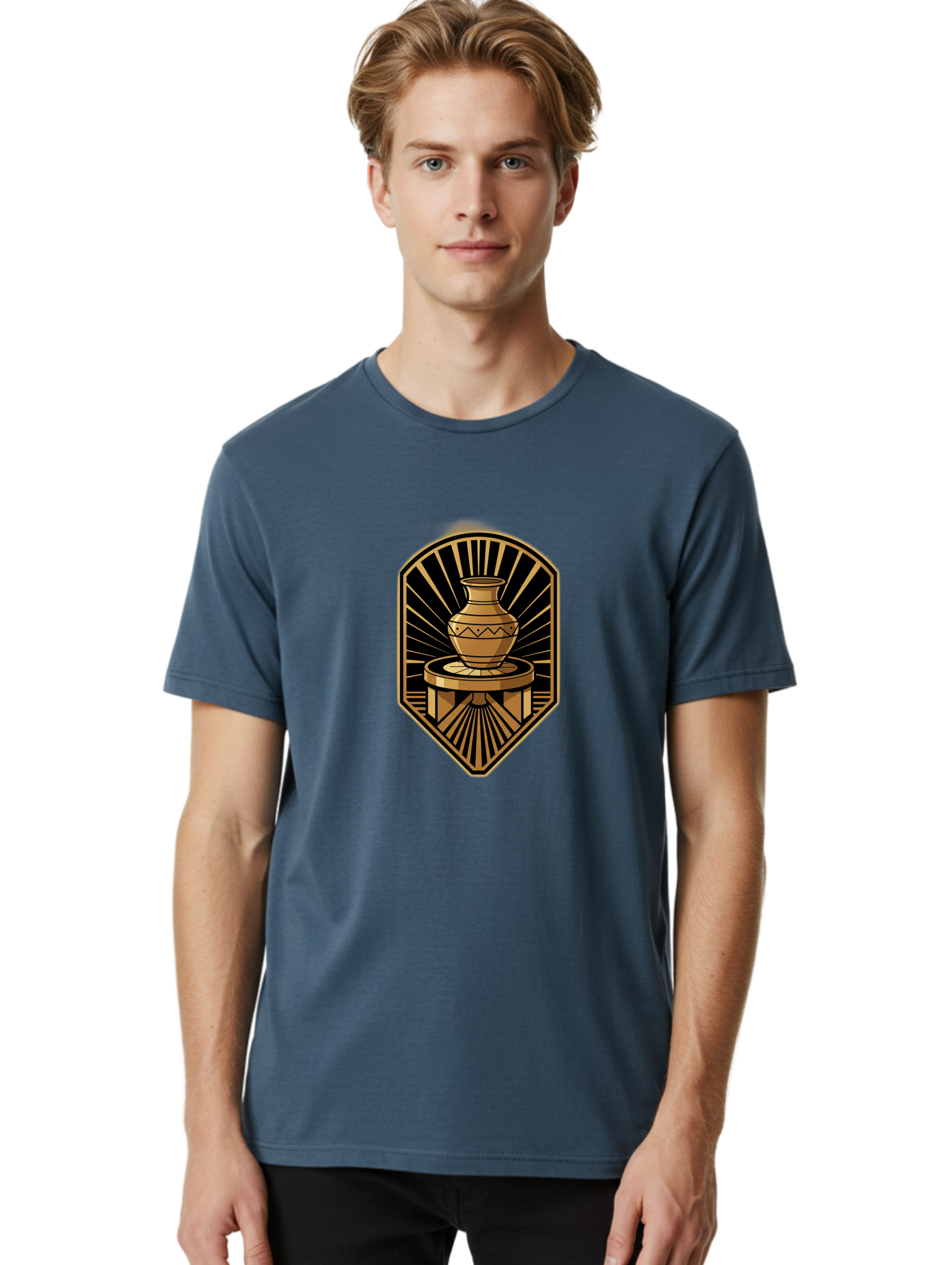 Vase-On-Pedestal Men'S Graphic Tee, 100% Cotton, Comfortable Casual Summer Wear, Machine Washable, Golden Vase, Decorative Pot, Ornate Design, Geometric Patterns, Luxurious Feel, Ancient Artifact, Stylish Decor, Elegant Display, Bab569