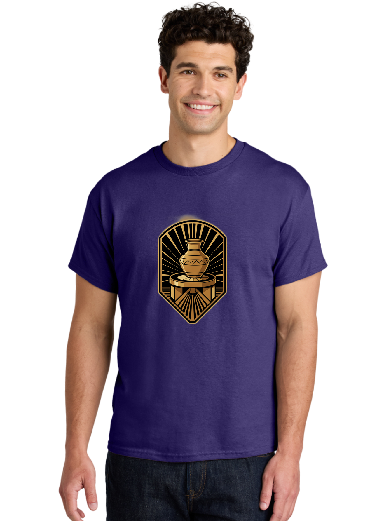 Vase-On-Pedestal Men'S Graphic Tee, 100% Cotton, Comfortable Casual Summer Wear, Machine Washable, Golden Vase, Decorative Pot, Ornate Design, Geometric Patterns, Luxurious Feel, Ancient Artifact, Stylish Decor, Elegant Display, Bab569