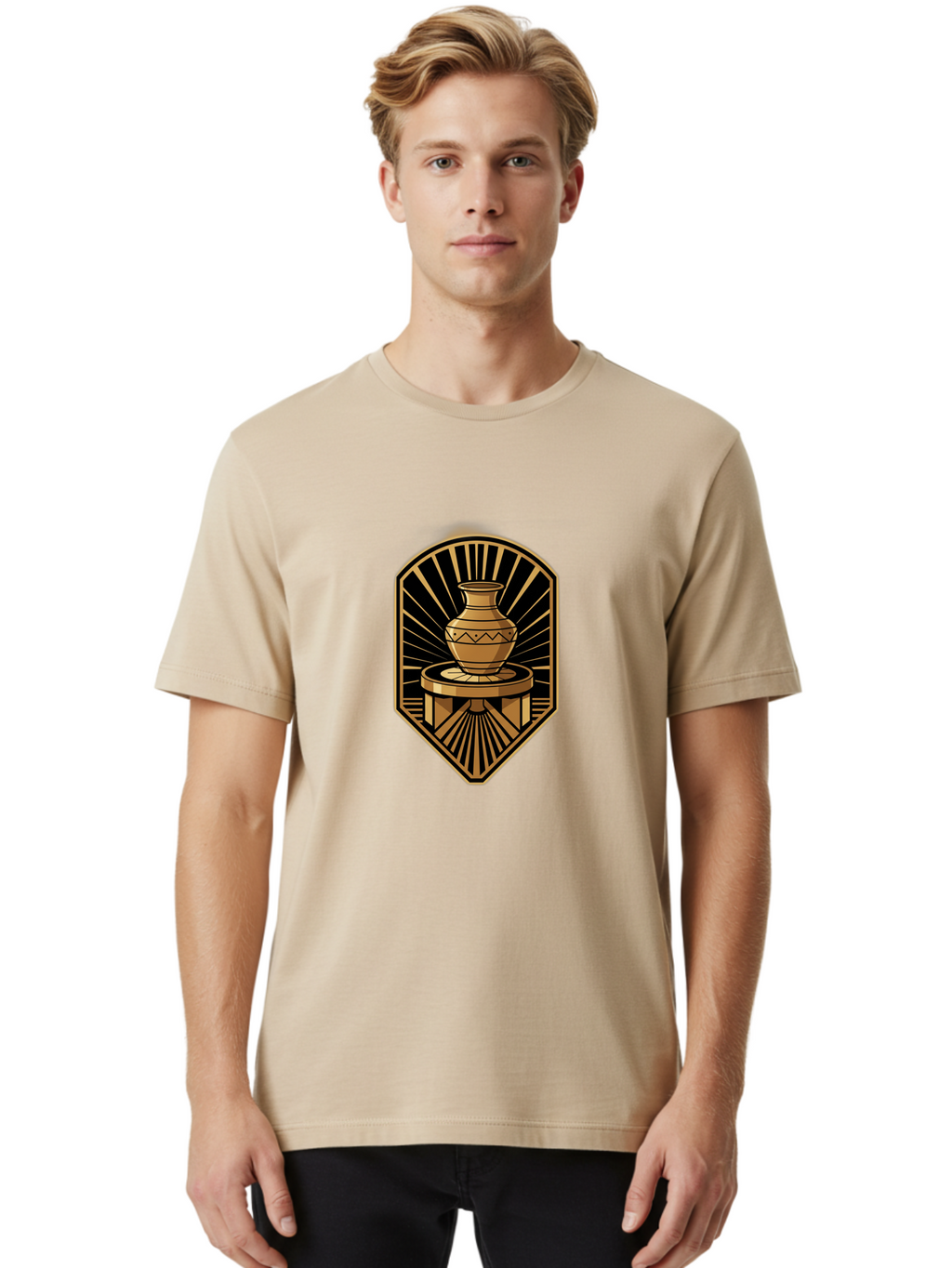 Vase-On-Pedestal Men'S Graphic Tee, 100% Cotton, Comfortable Casual Summer Wear, Machine Washable, Golden Vase, Decorative Pot, Ornate Design, Geometric Patterns, Luxurious Feel, Ancient Artifact, Stylish Decor, Elegant Display, Bab569